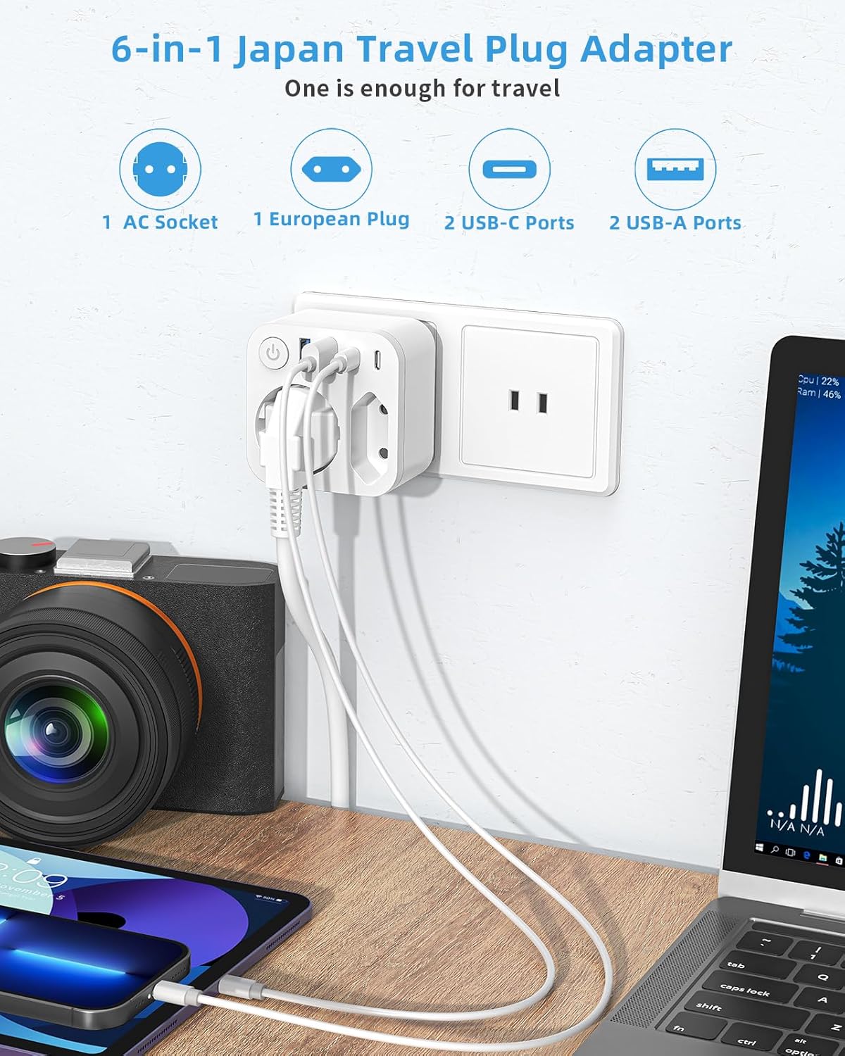 Detalle de Deutschland-Nach-Japan Adapter mit 4 USB-Anschlüssen (2 Typ-C) – 2-Fach Reiseadapter, Schuko auf Typ A