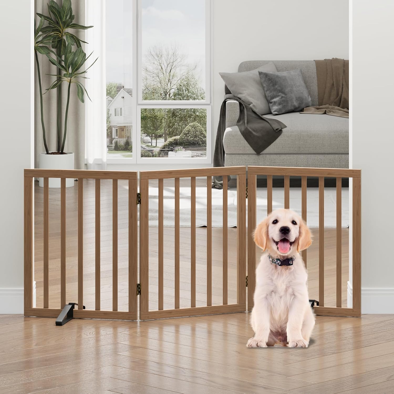 Detalle 2 de Tall Dog Gate for Doorways — 3-Panel Foldable Freestanding Indoor Gate (Dark Walnut)