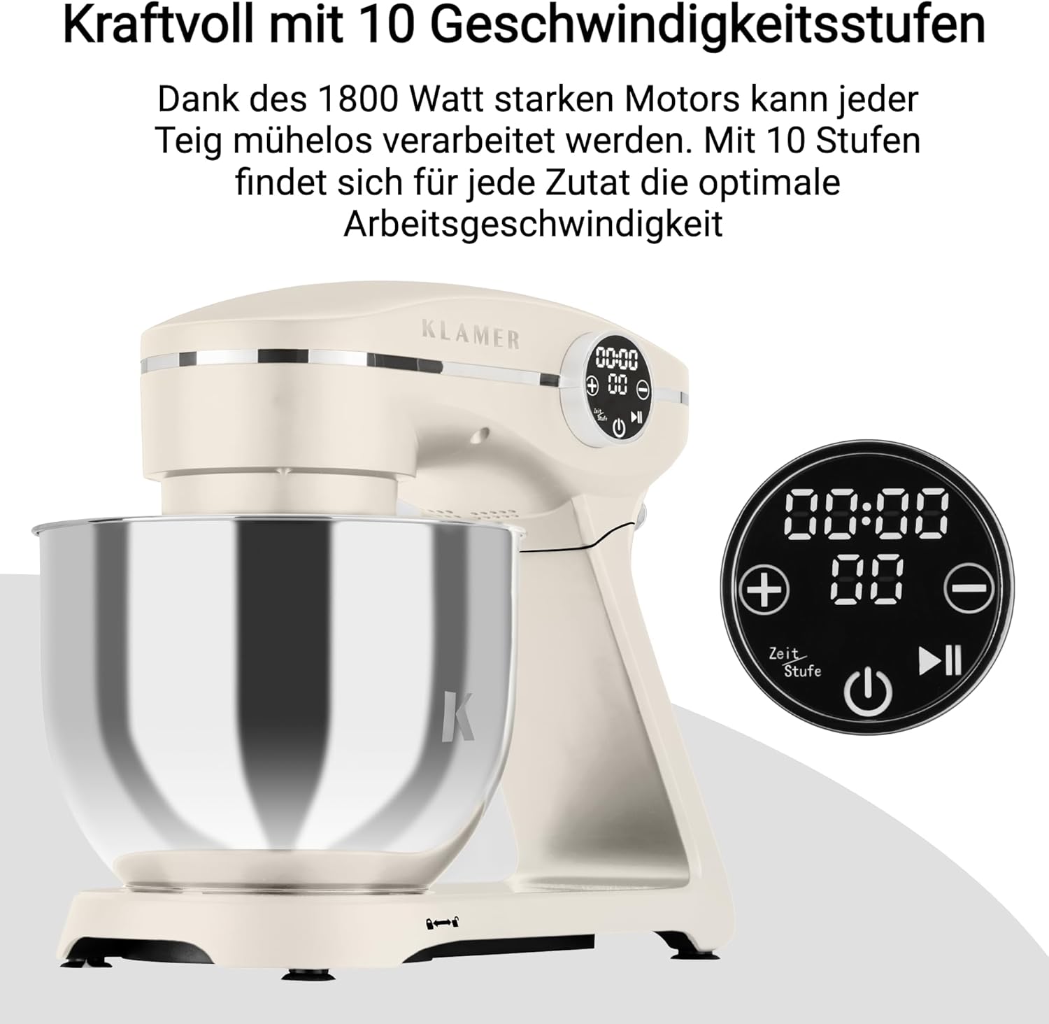 Thumbnail 6 de KLAMER Küchenmaschine 1800W – 6 L Edelstahl-Schüssel,Planetarisches Rührwerk, 10 Stufen, Timer