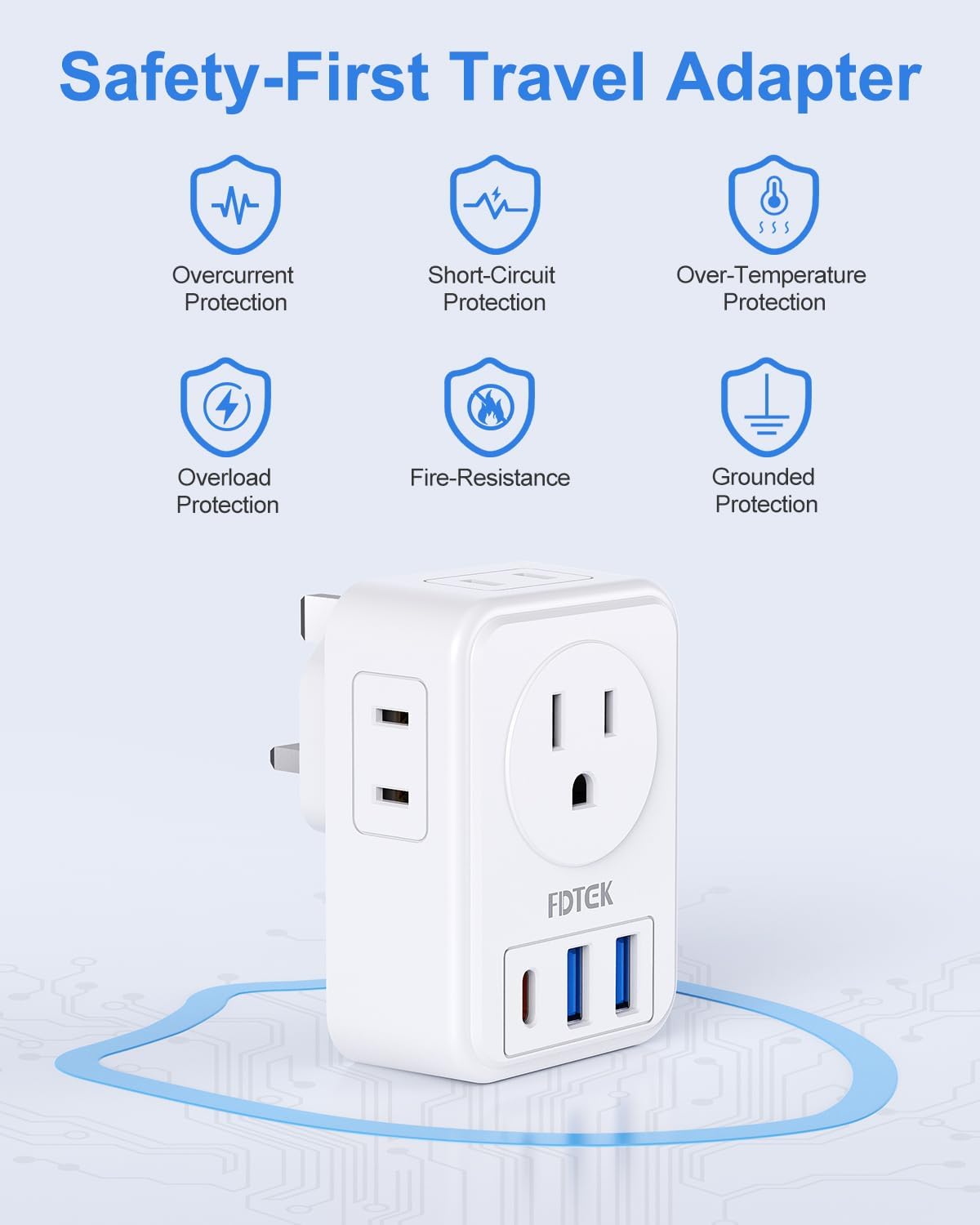 Thumbnail 6 de FDTEK US to UK Plug Adapter with 3 USB Slots (7-in-1) – Type A/B to Type G