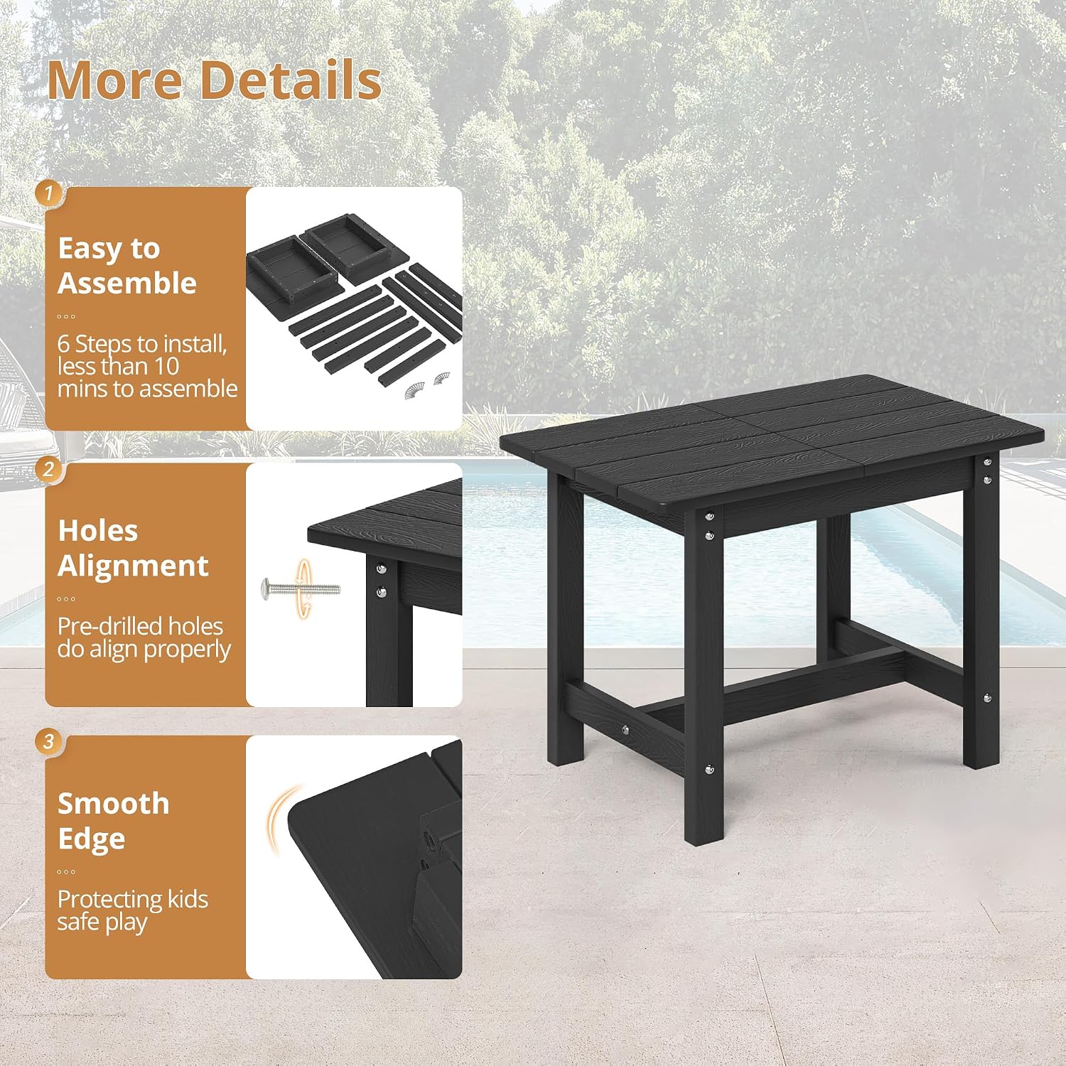 Thumbnail 6 de LUE BONA Outdoor Side Table, Black HDPS, 23.6-Inch Rectangular Top