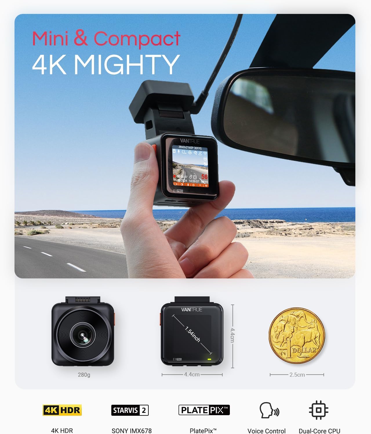 Thumbnail 1 de VANTRUE E1 Pro 4K HDR Front Dash Cam with Sony STARVIS 2, 5G WiFi, GPS & Voice Control
