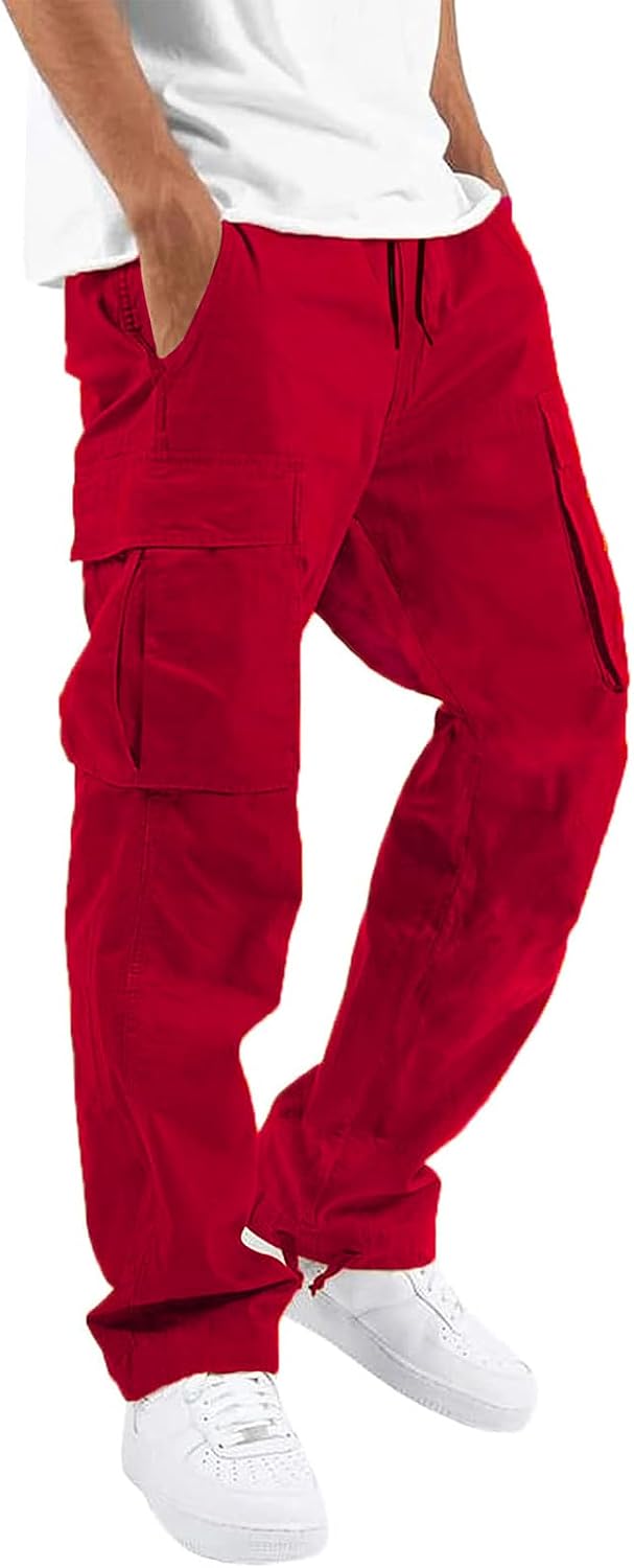 Detalle de HUNGSON Men’s Cargo Pants Drawstring Casual Hiking Joggers (Loose Straight Cotton)