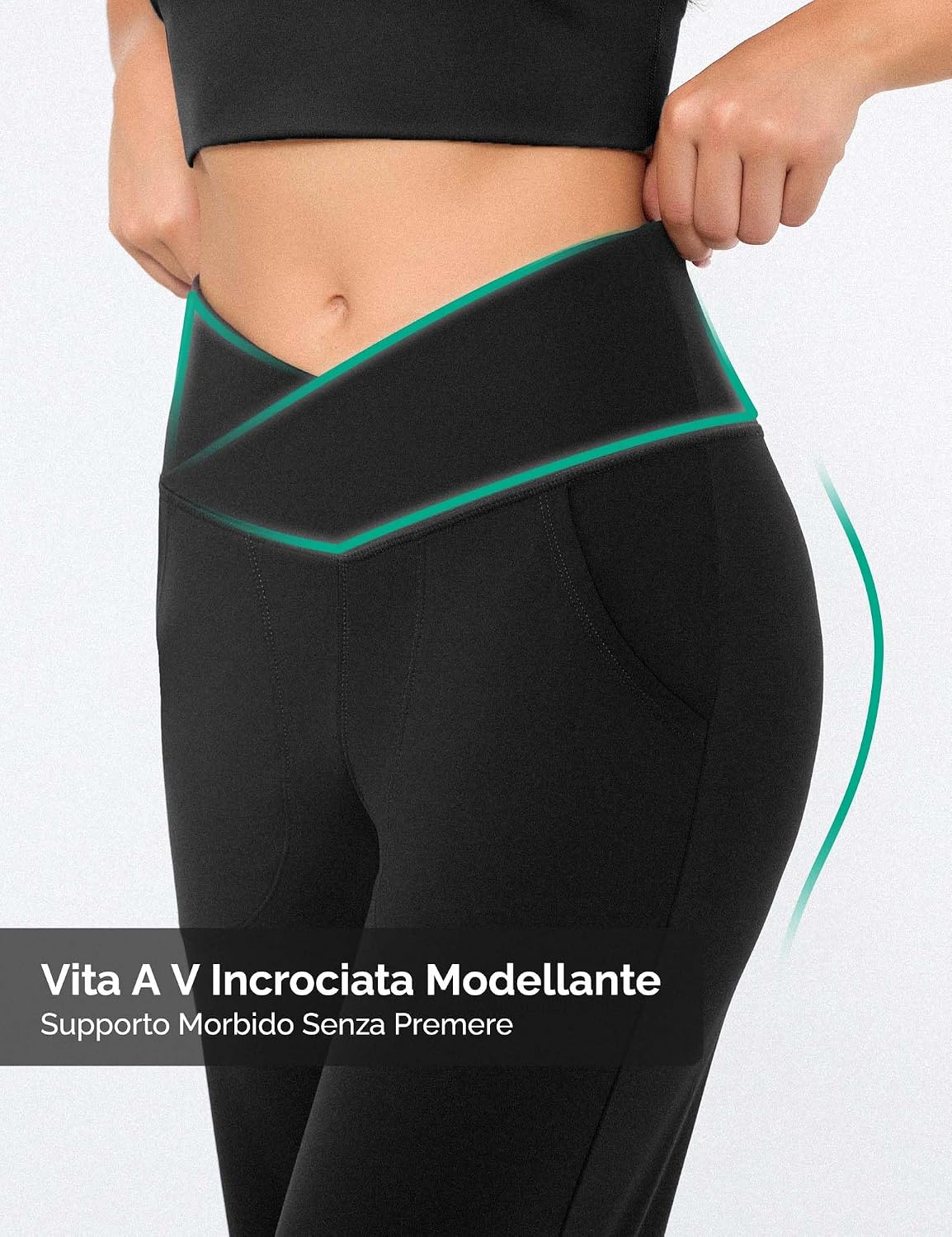 Detalle de Yogaration pantaloni yoga da donna a gamba lunga, vita alta incrociata con tasche