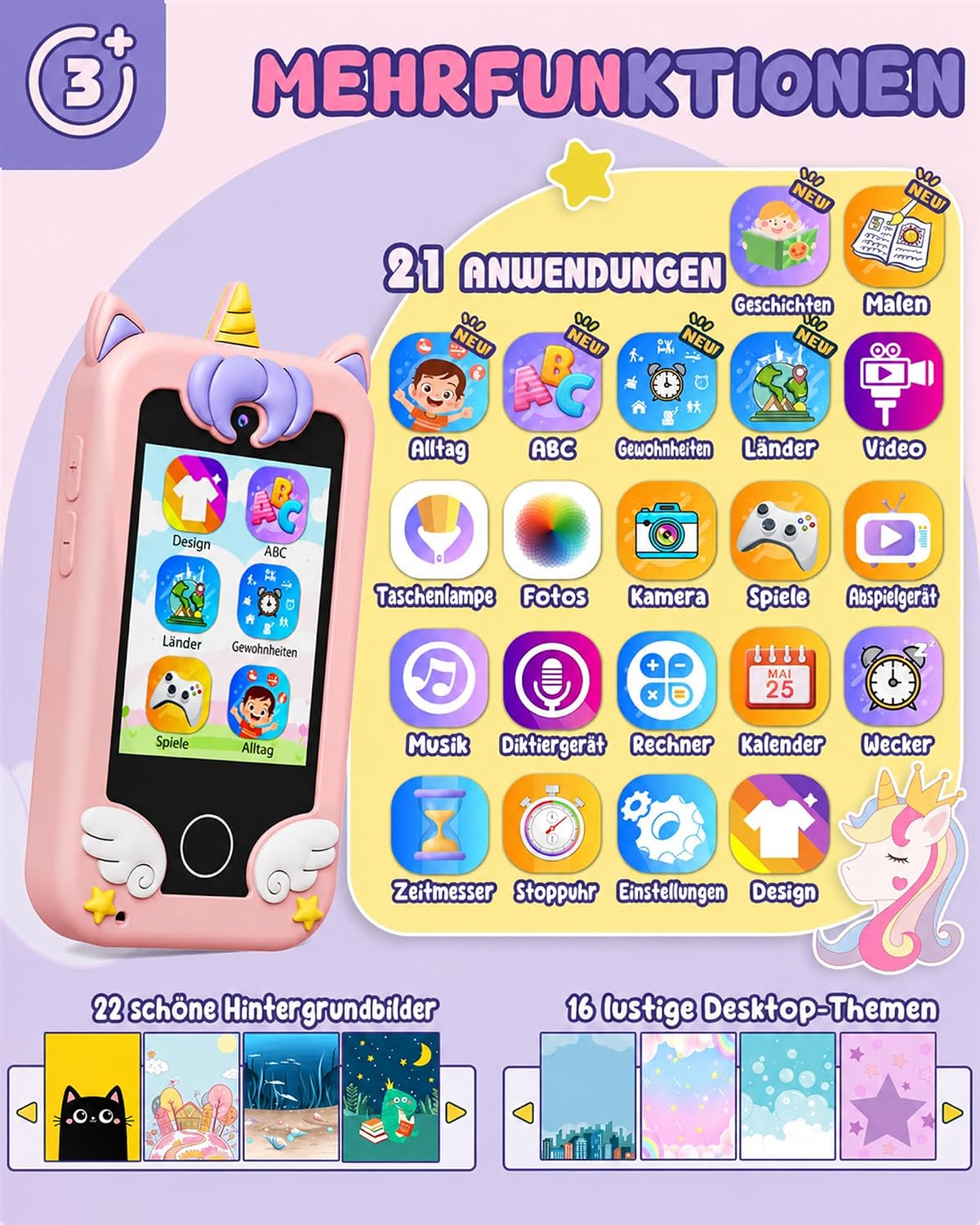 Detalle de UCIDCI Kinder Handy Spielzeug Rosa – Dual-Kamera, Lernspielzeug, MP3-Player und mehr