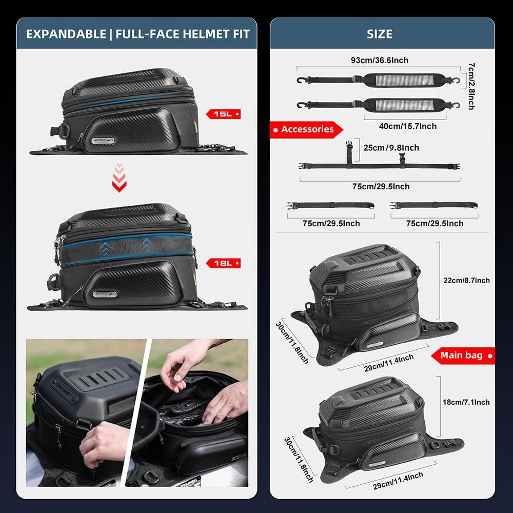 Detalle de Rhinowalk Motorcycle Travel Luggage: 15-18L Expandable Tank Bag in Carbon Fibre Black