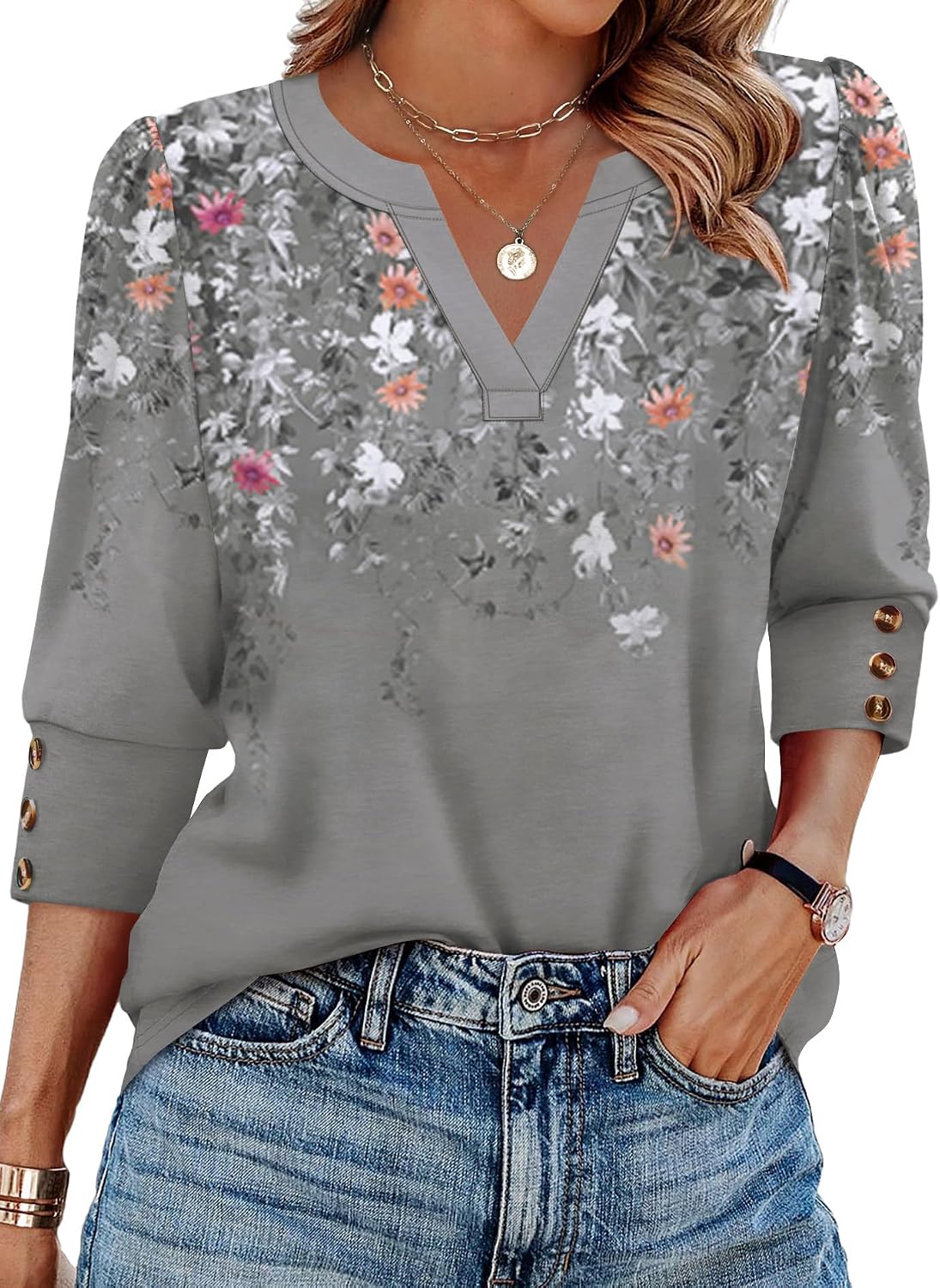 Detalle de WIHOLL 3/4 Sleeve V-Neck Top with Button Cuffs for Dressy Casual Office & Everyday Wear