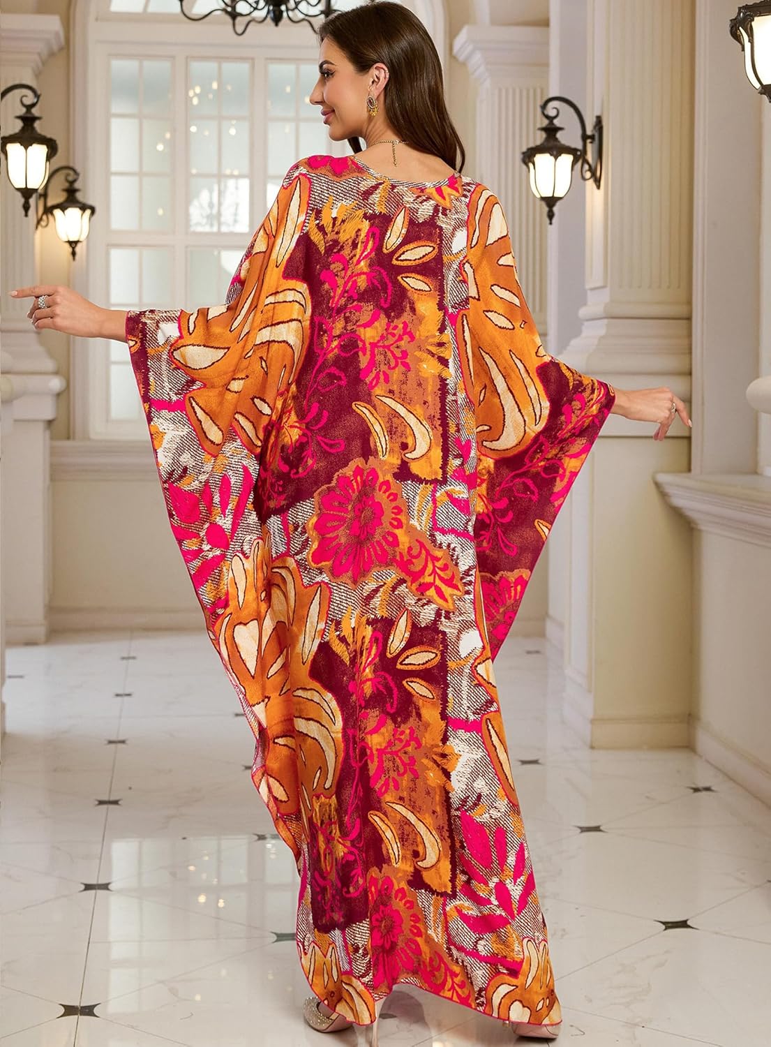 Detalle de Yanziliu Plus Size Kaftan Dress: Floral V-Neck Beach Cover Up