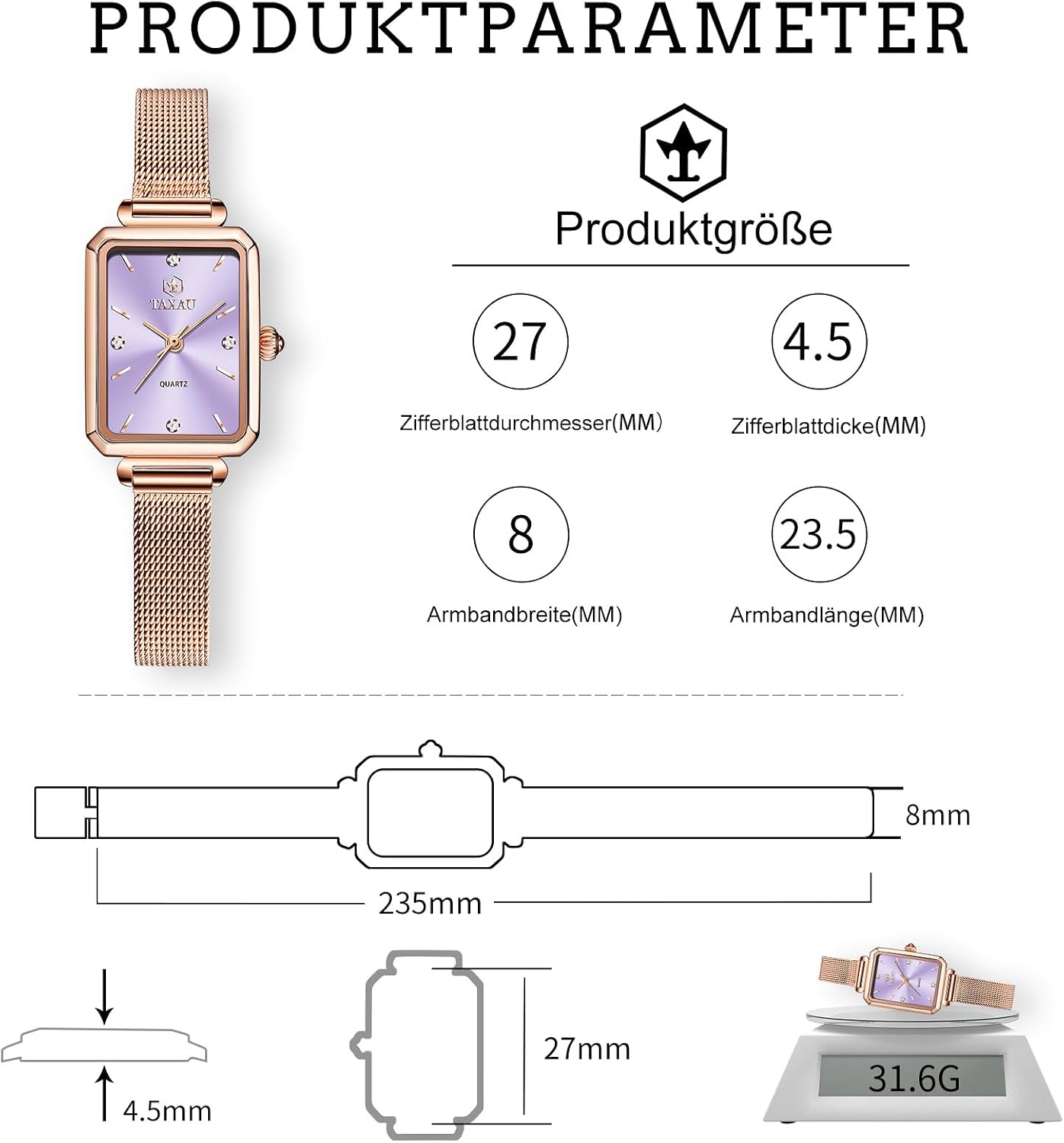 Detalle de Taxau Damenuhr – elegante Edelstahlquarz mit Diamant-Zifferblatt und 30 m Wasserdicht