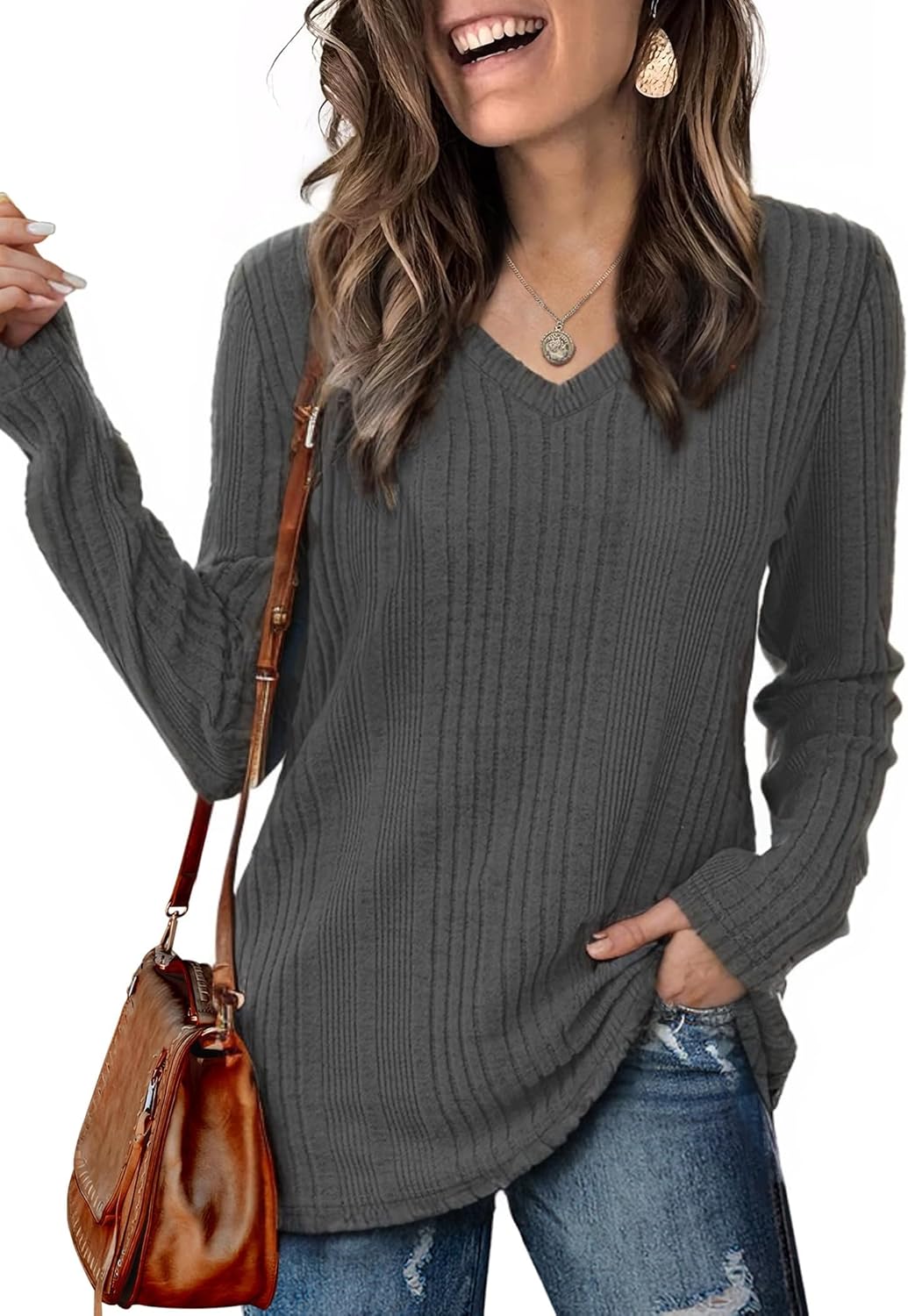 Thumbnail 5 de GLEENOD Pullover Damen V-Ausschnitt Langarm Sweatshirt – Leichtes, einfarbiges Oberteil für Herbst/W Winter