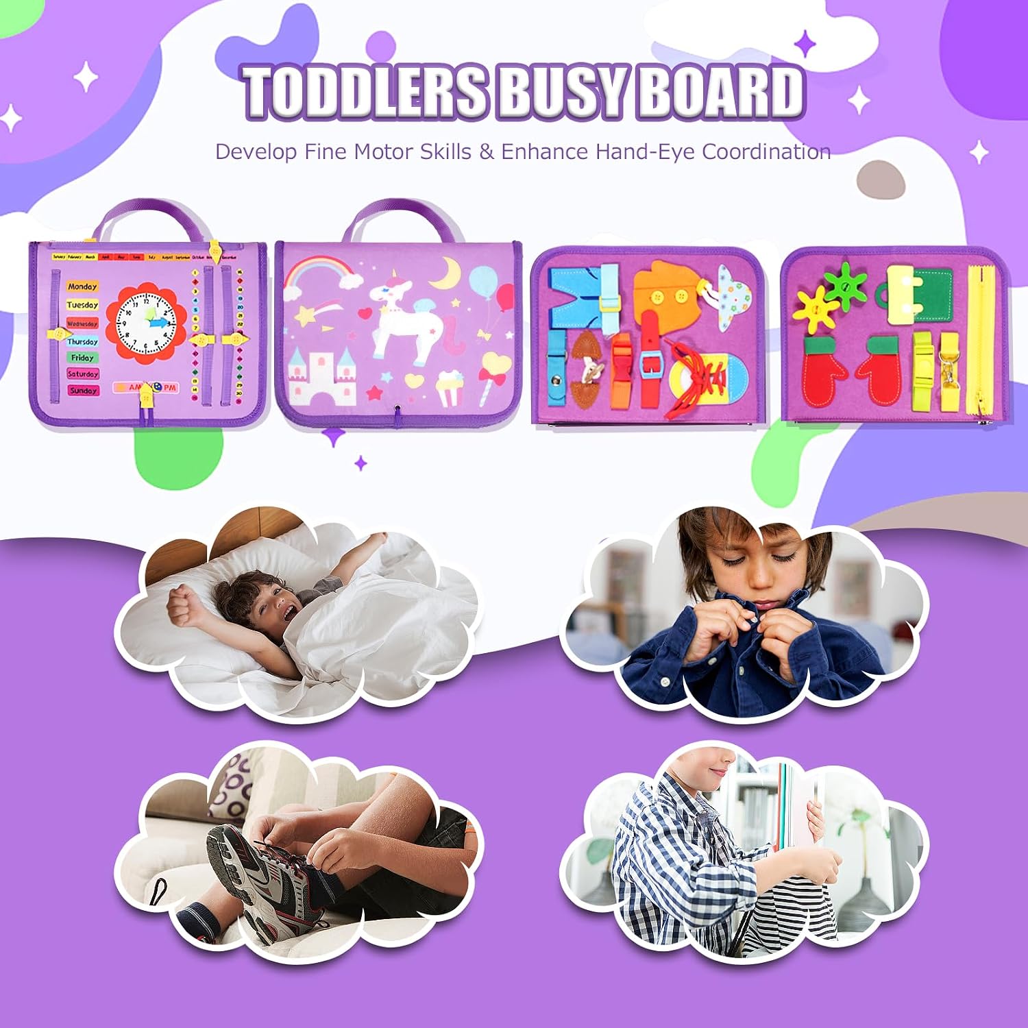 Thumbnail 1 de VISATOR Montessori Busy Board for Toddlers (Ages 3–8) – Felt Sensory Activity Board for Fine Motor Skills & Travel