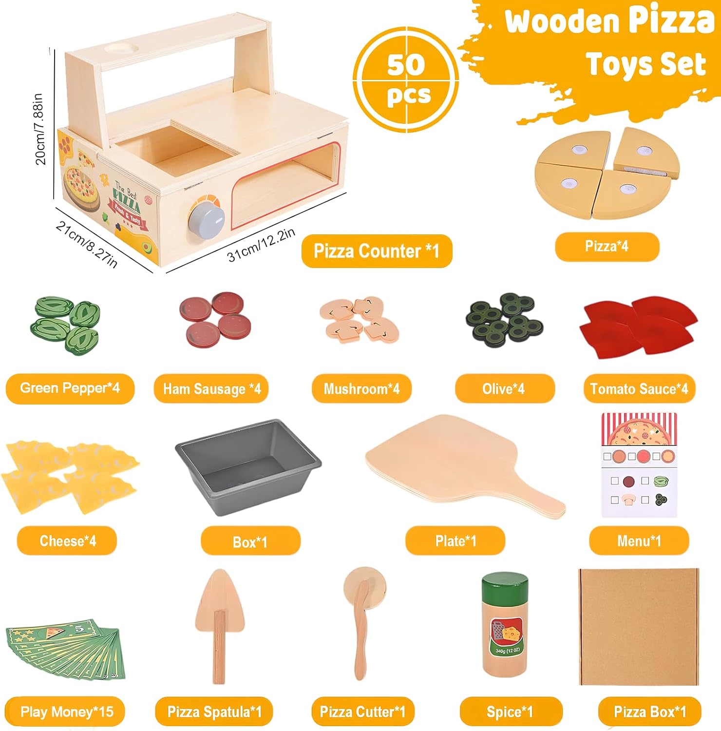 Thumbnail 4 de Smartwo Wooden Pizza Oven Toy for Kids – 50-Piece Pretend Play Set