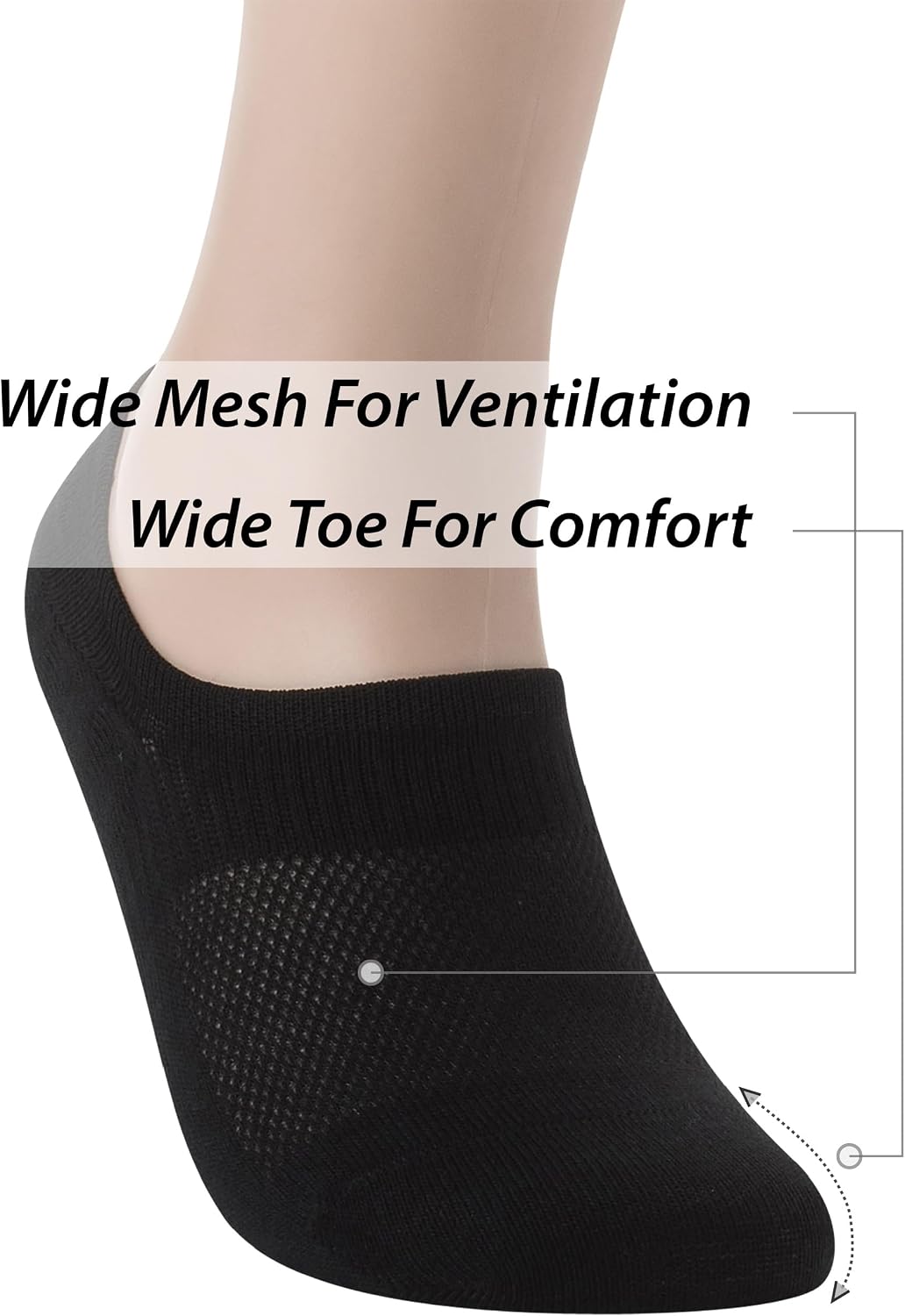 Detalle 2 de Pro Mountain Thin No-Show Socks (Seamless, Wide Toe Box) 6-Pack — Cotton Liner Socks for Wide Feet