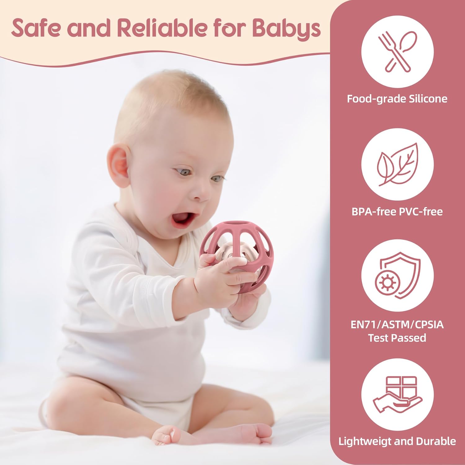 Detalle de MCGMITT Baby Teething Toy: Grabbing Ball Montessori Silicone Teether for 3–36 Months
