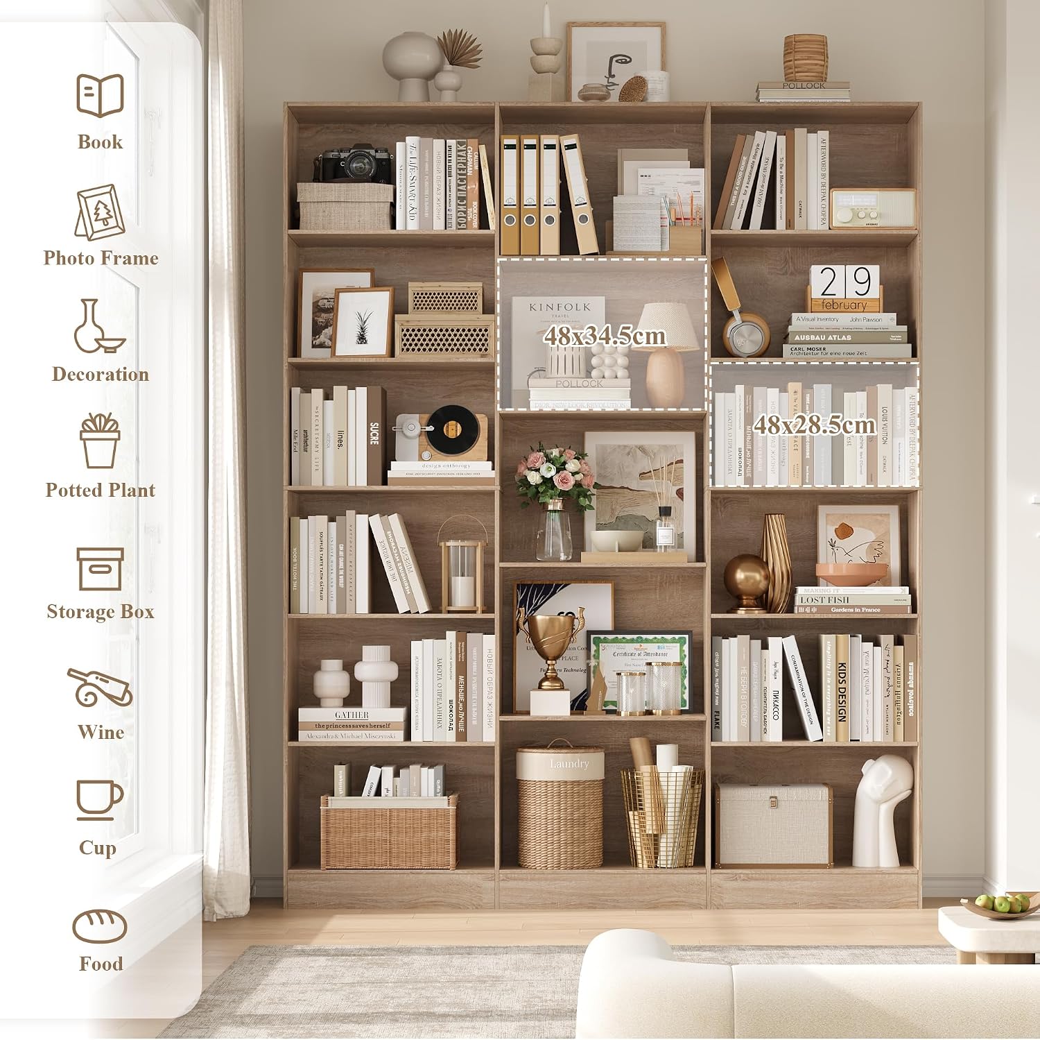Detalle de FirFurd e Oak-Colour Bookcase, 17 Compartments, 188cm Freestanding