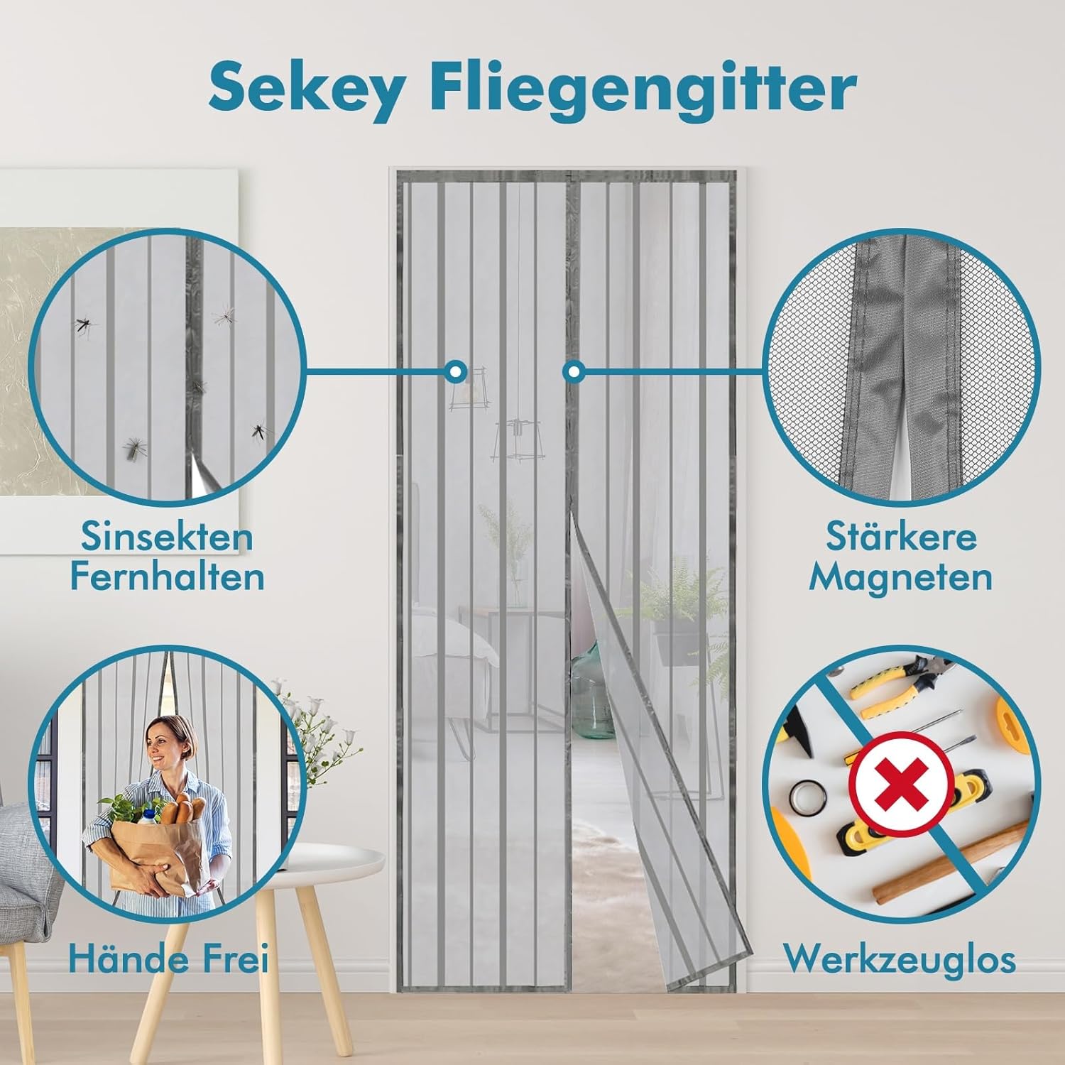Thumbnail 1 de Sekey Magnet Fliegengitter für Balkontür ohne Bohren (Schiebetür, 90x210 cm) – Grau