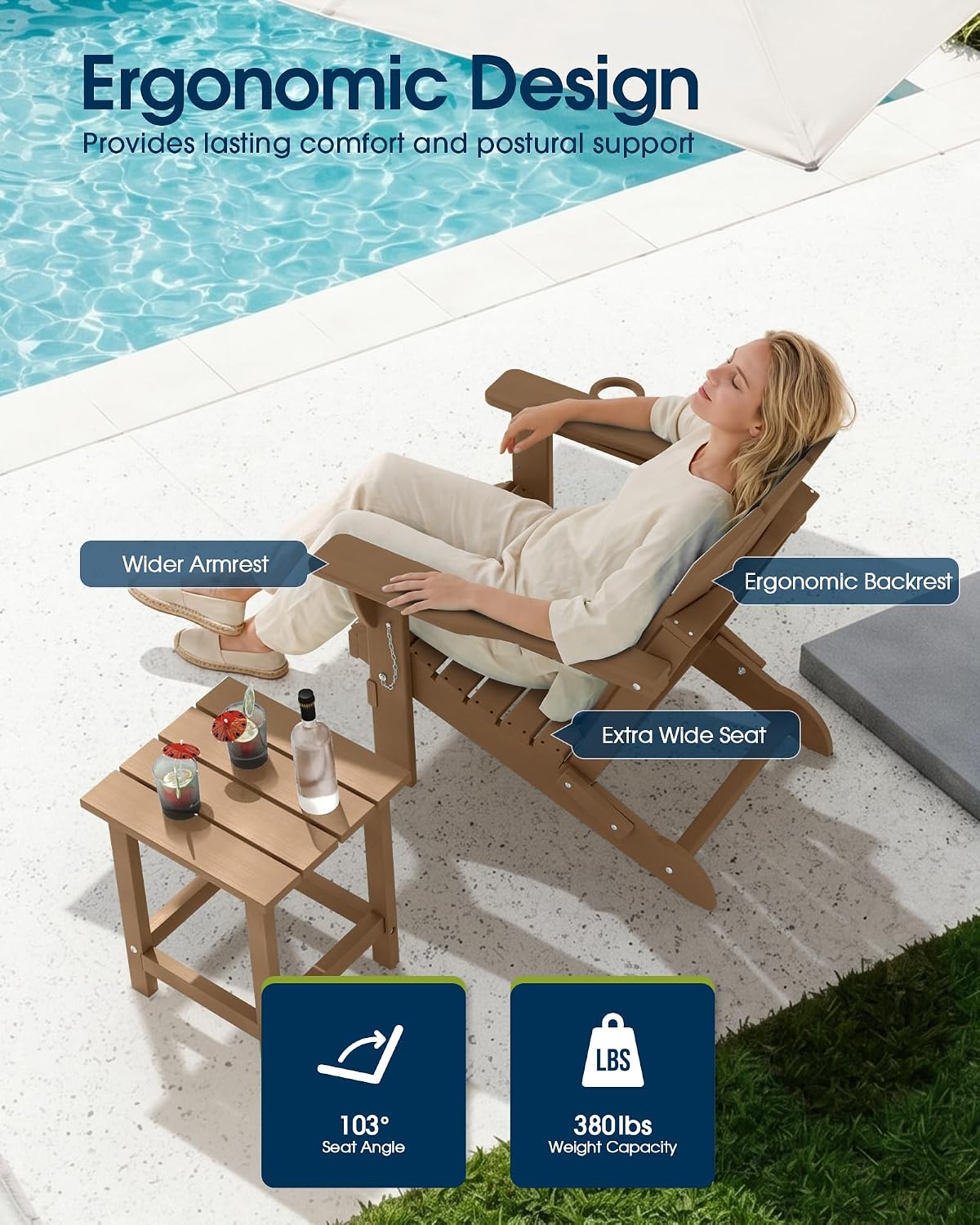Detalle 2 de MUCHENGHY Folding Adirondack Chair with Cup Holder (HDPE, Teak color)