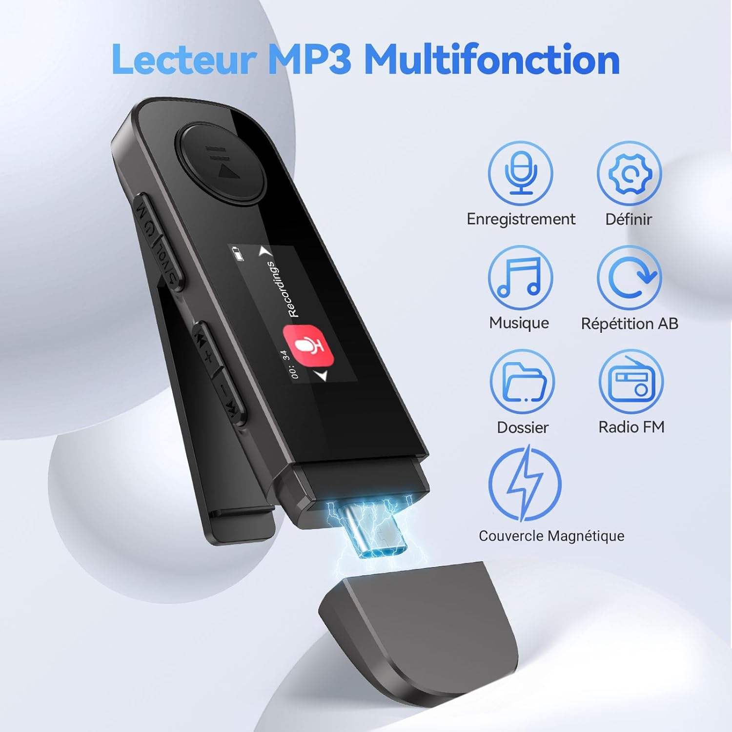 Detalle de AGPTEK 64Go Lecteur MP3 USB-C avec Bluetooth 5.3 et Clip Sport – Son HiFi, FM et Enregistreur