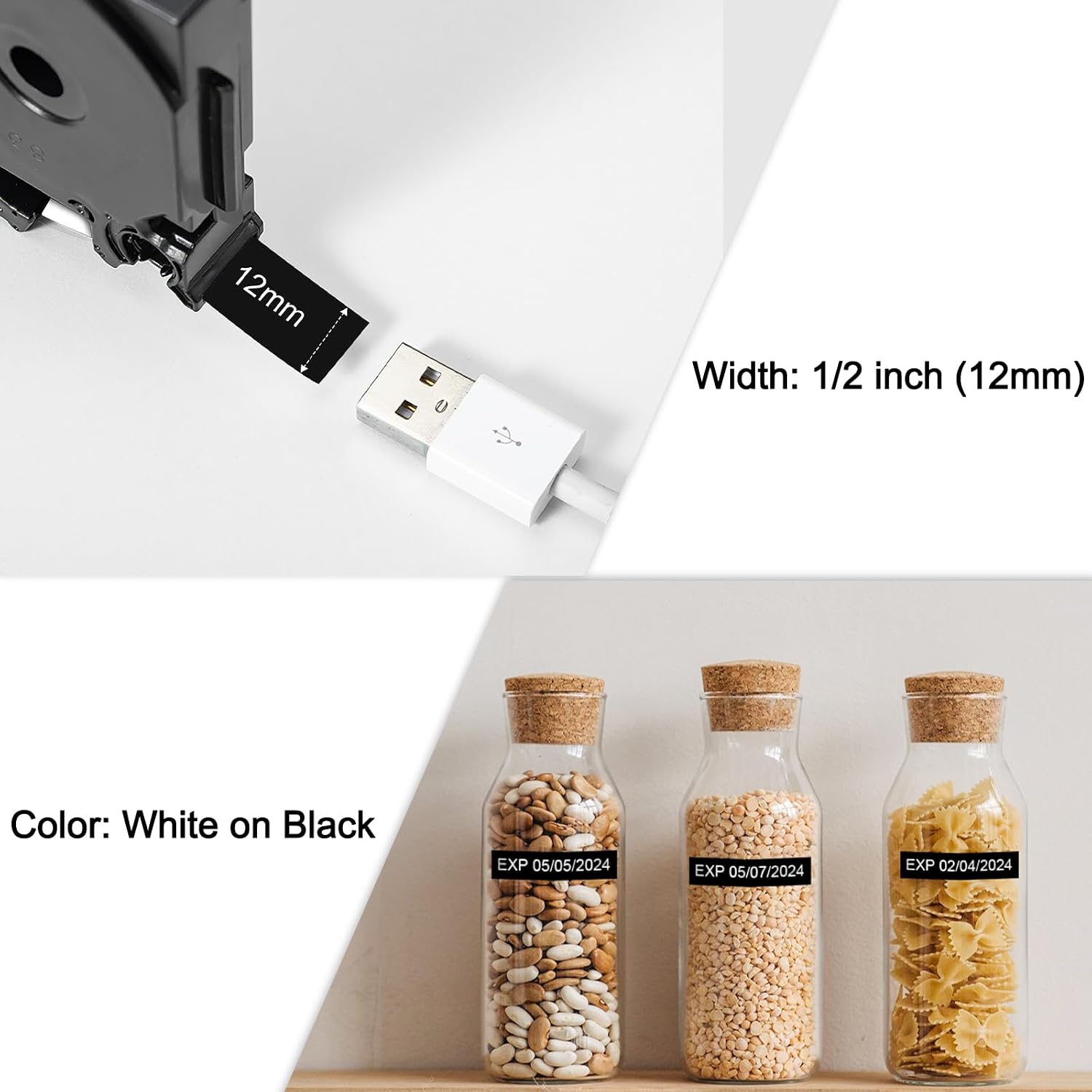 Thumbnail 2 de Labelife 4-Pack White on Black TZe-335 Laminated Tape for Brother P-Touch (12mm, 8m each)