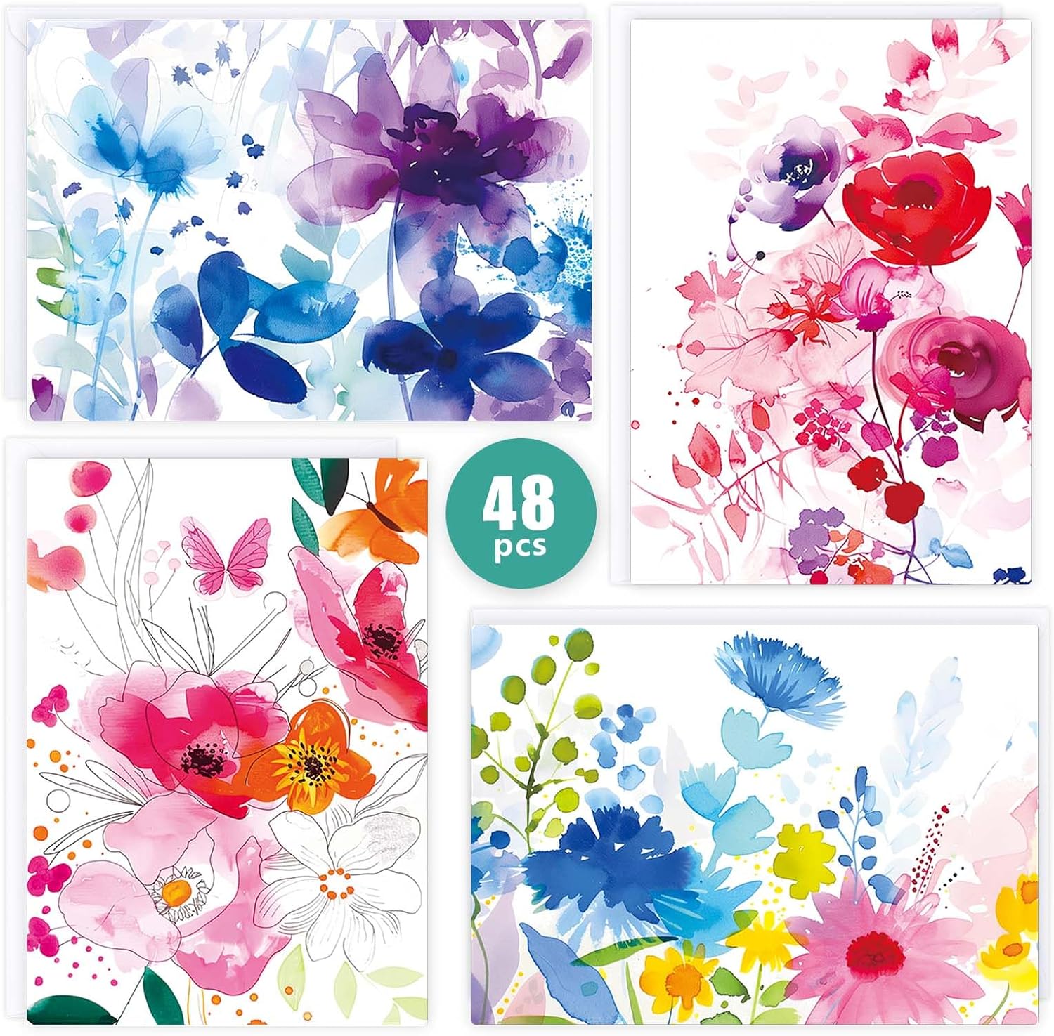 Detalle de FUHITIM 48-Pack Blank Greeting Cards with Envelopes, Watercolor Floral Designs