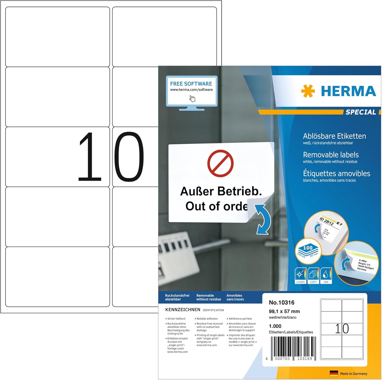 Thumbnail 6 de HERMA Etichette Staccabili 63,5 x 38,1 mm – 525 etichette A4 bianco, adatte a stampa Inkjet/Laser