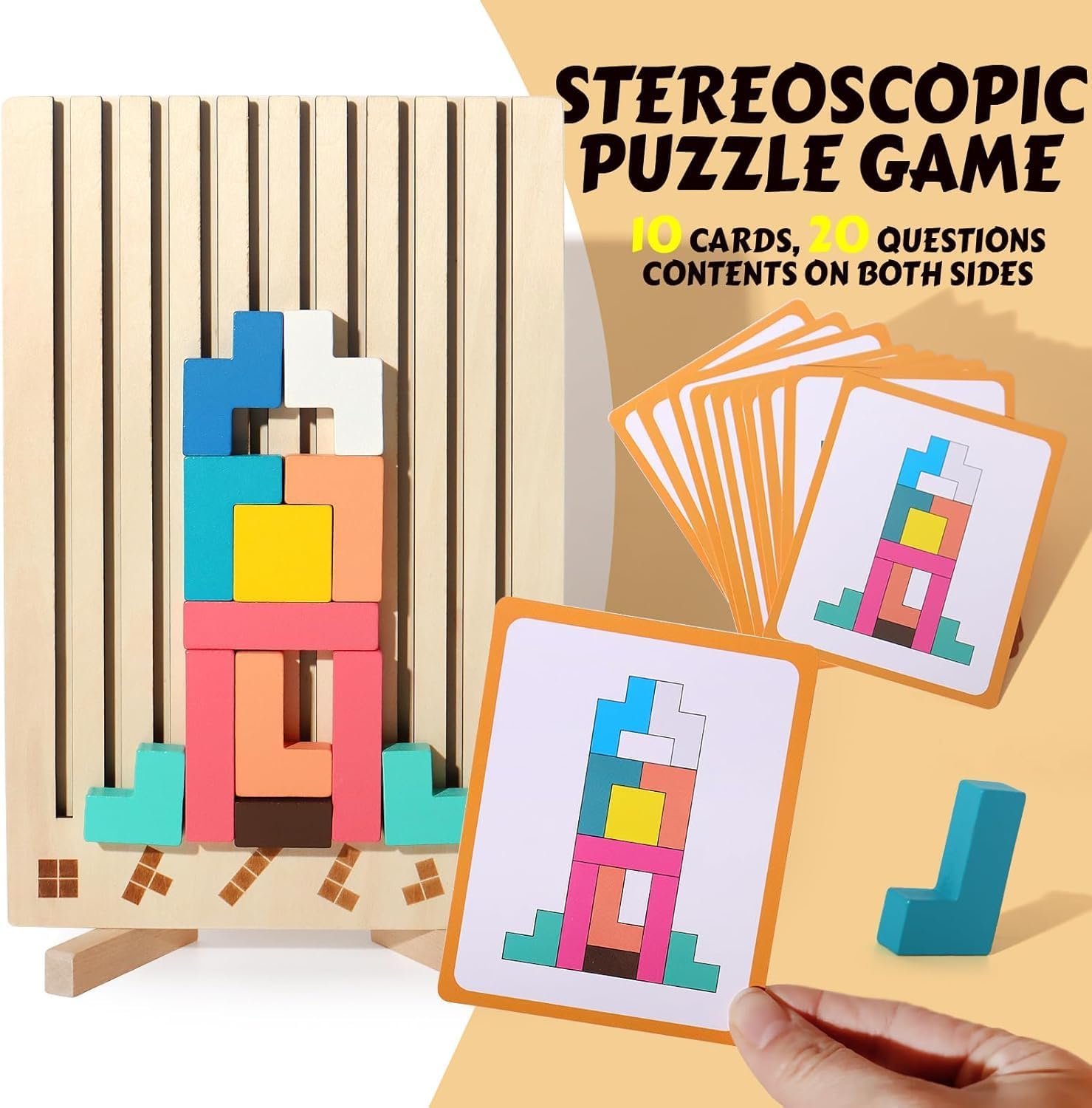 Detalle 2 de WISBOOK Wooden Colored 3D Russian Block Puzzle: Montessori Stacking & Brain Teasers for Ages 3–6