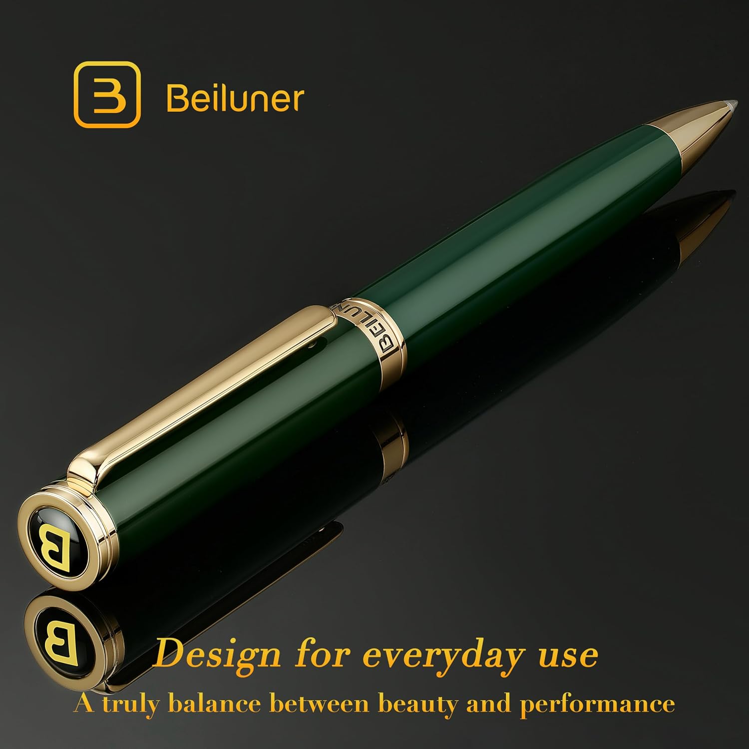 Detalle de BEILUNER Penna a gel lusso con finitura oro 24K e lacca verde piano (set regalo retrattile)