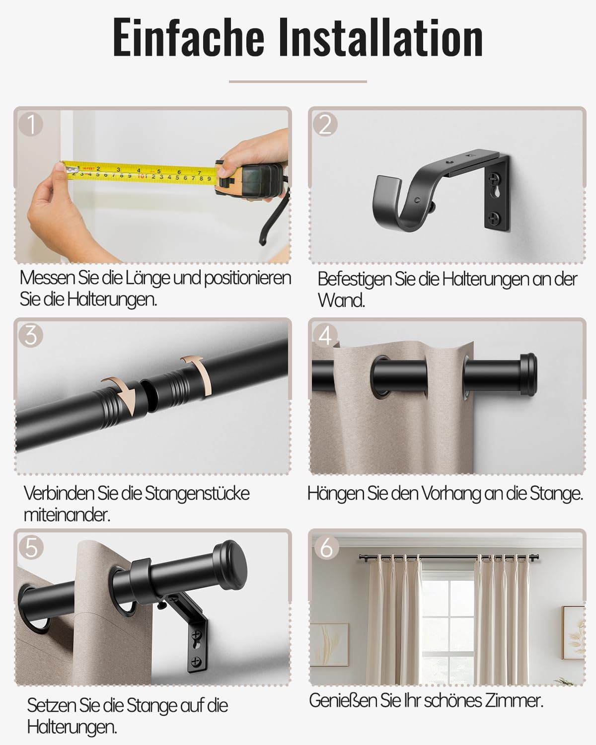 Thumbnail 4 de DEFYNEE Tringle à rideaux extensible noire 80-183 cm (diamètre 25 mm) avec supports