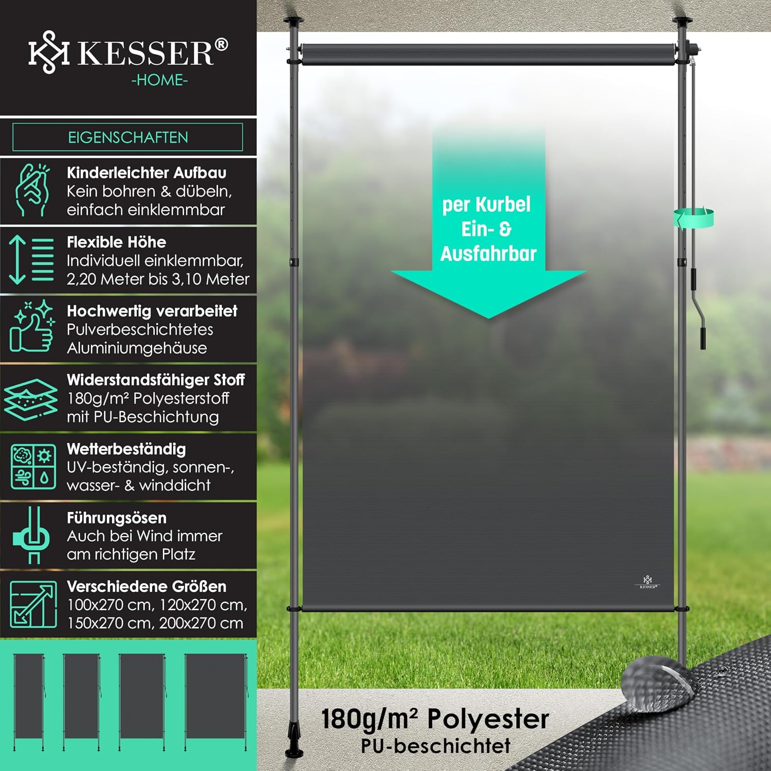 Detalle 2 de KESSER® Klemmmarkise 120x310 cm – senkrechte Vertikalmarkise für Balkon & Garten (wetterfest, ausziehbar, Anthrazit)