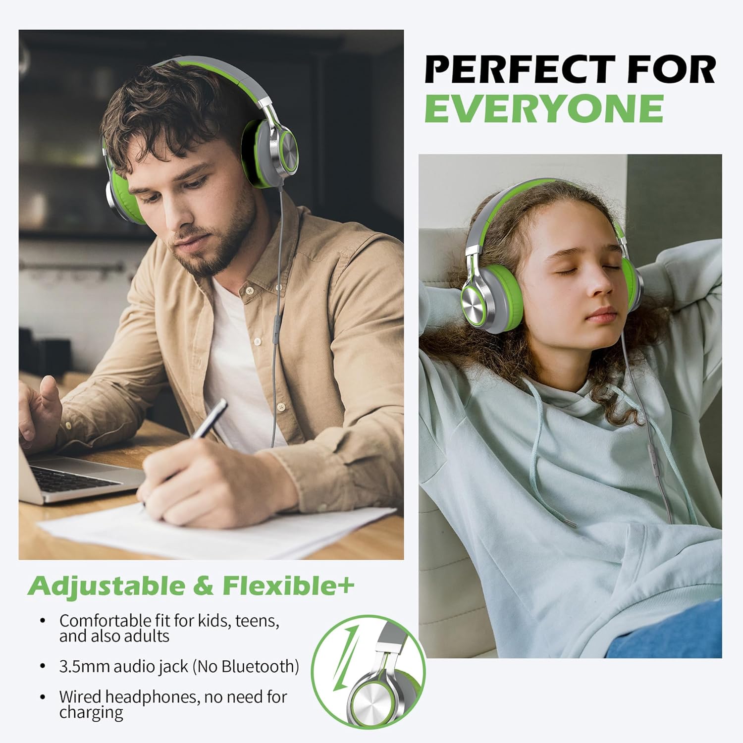 Thumbnail 1 de Ailihen C8 Foldable 3.5mm Headphones with Microphone & Volume Control (Grey/Green)