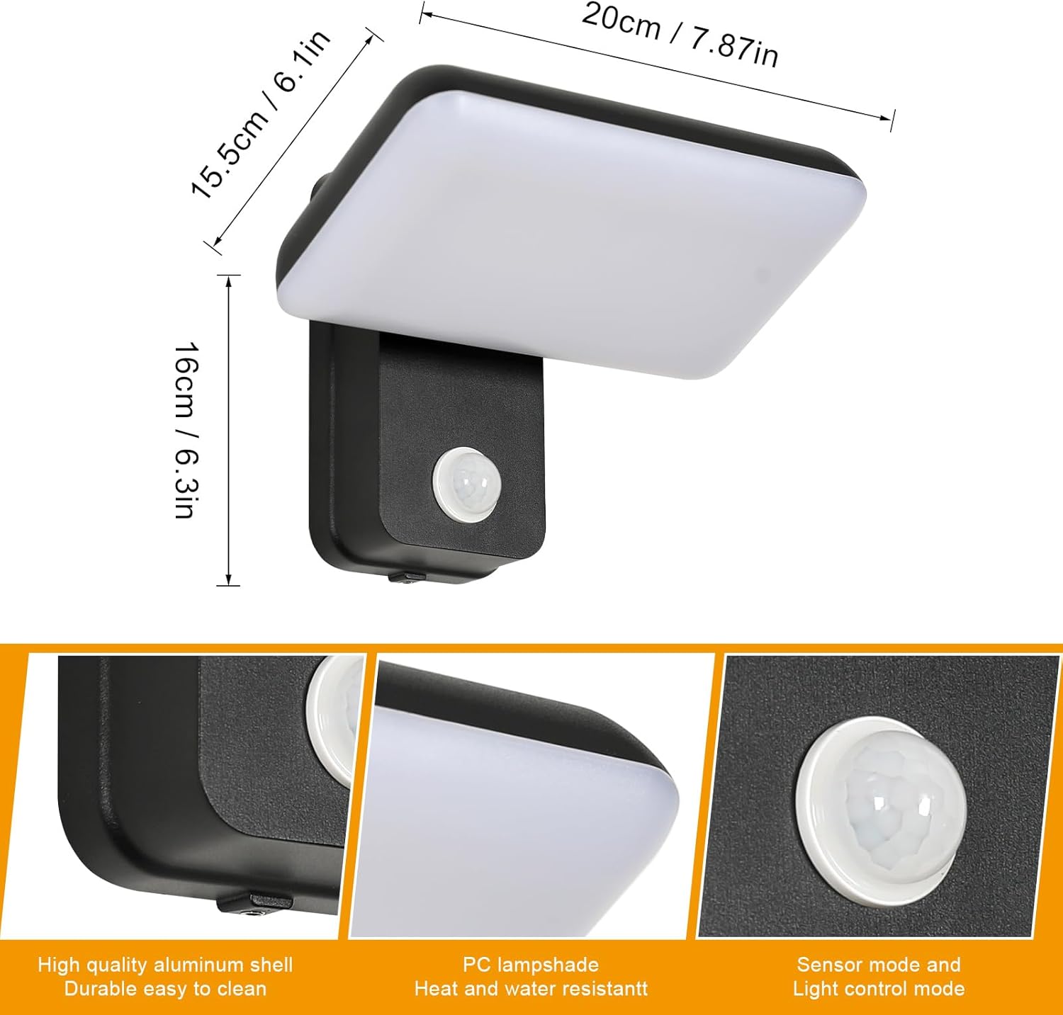 Detalle 2 de Mckalen Applique da Parete LED Esterno con Sensore Movimento 16W 1800LM – 350° Regolabile, IP65, Bianco Caldo 3000K