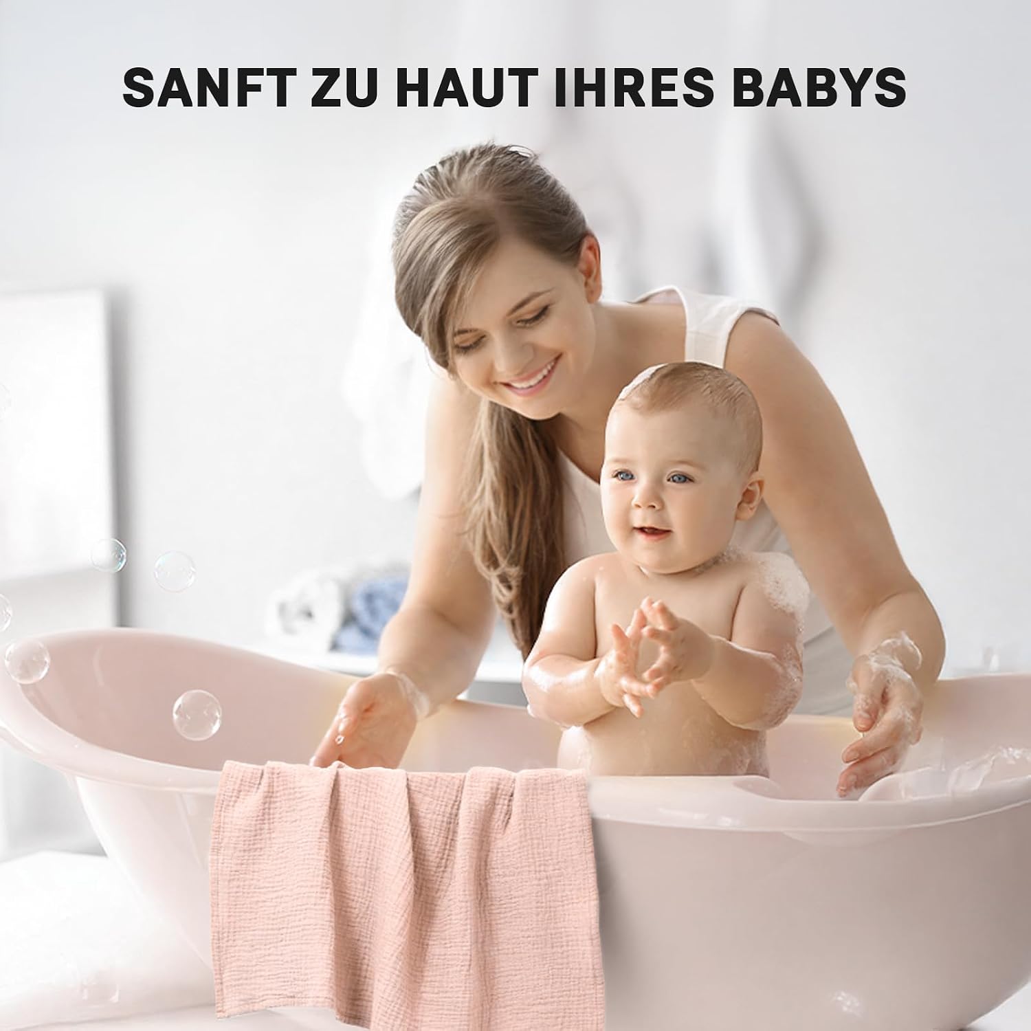 Detalle de Mulltücher Baby 4er-Set aus Baumwoll-Musselin (60x60 cm) in Rosa & Grün – weich, atmungsaktiv und saugfähig