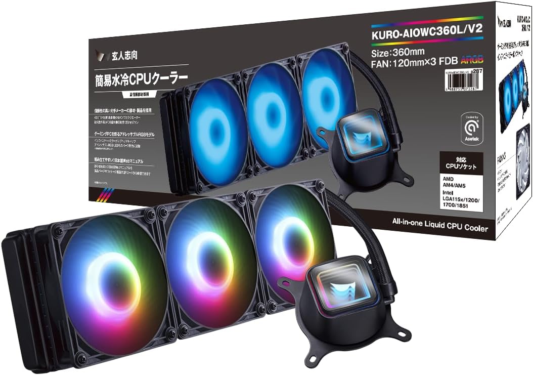 Detalle de 玄人志向 KURO-AIOWC360L/V2 水冷CPUクーラー 360mmラジエーター・ARGB対応・120mm PWMファン3基