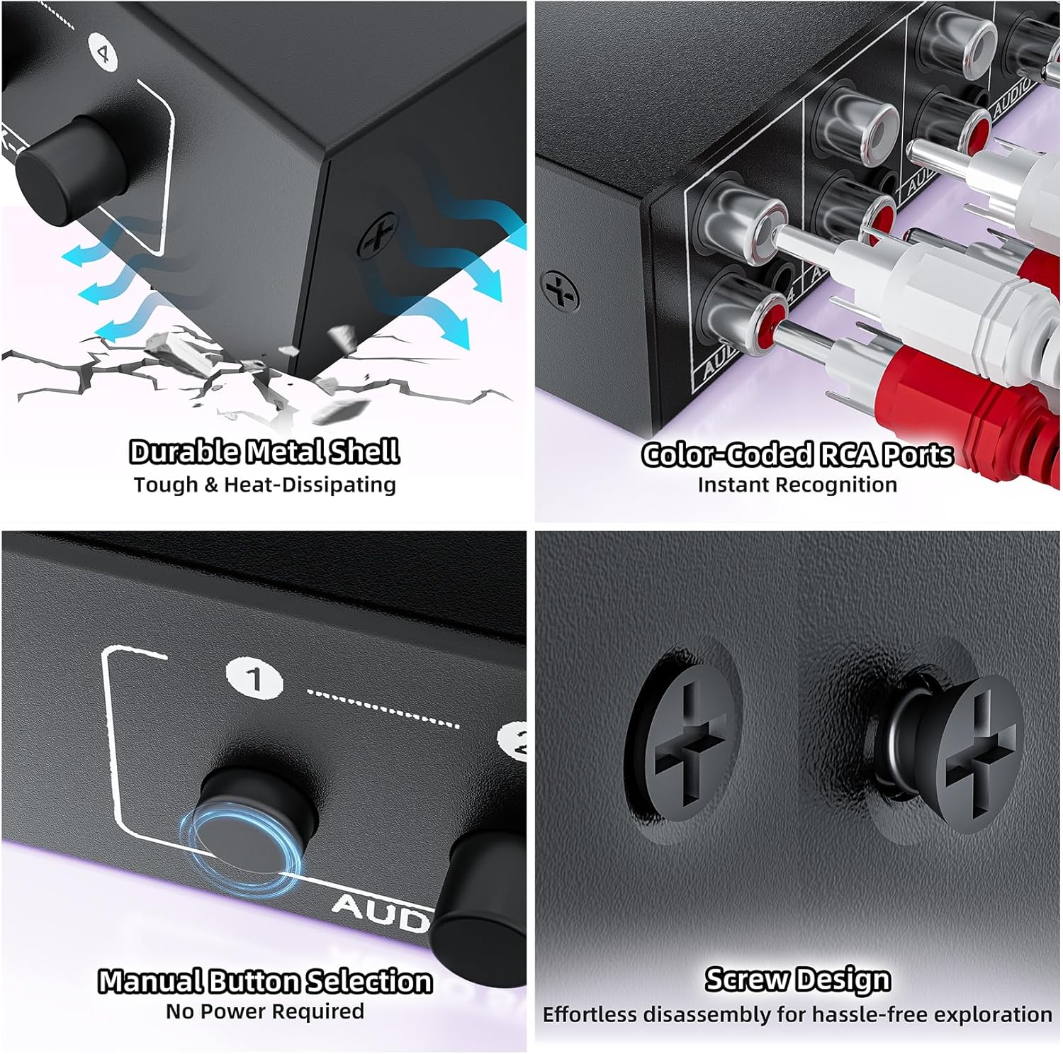 Thumbnail 6 de 4-Way RCA L/R & 3.5mm Stereo Audio Switcher – Bi-Directional Passive 4x1/1x4 Audio Switch (No Power, 4 Buttons)