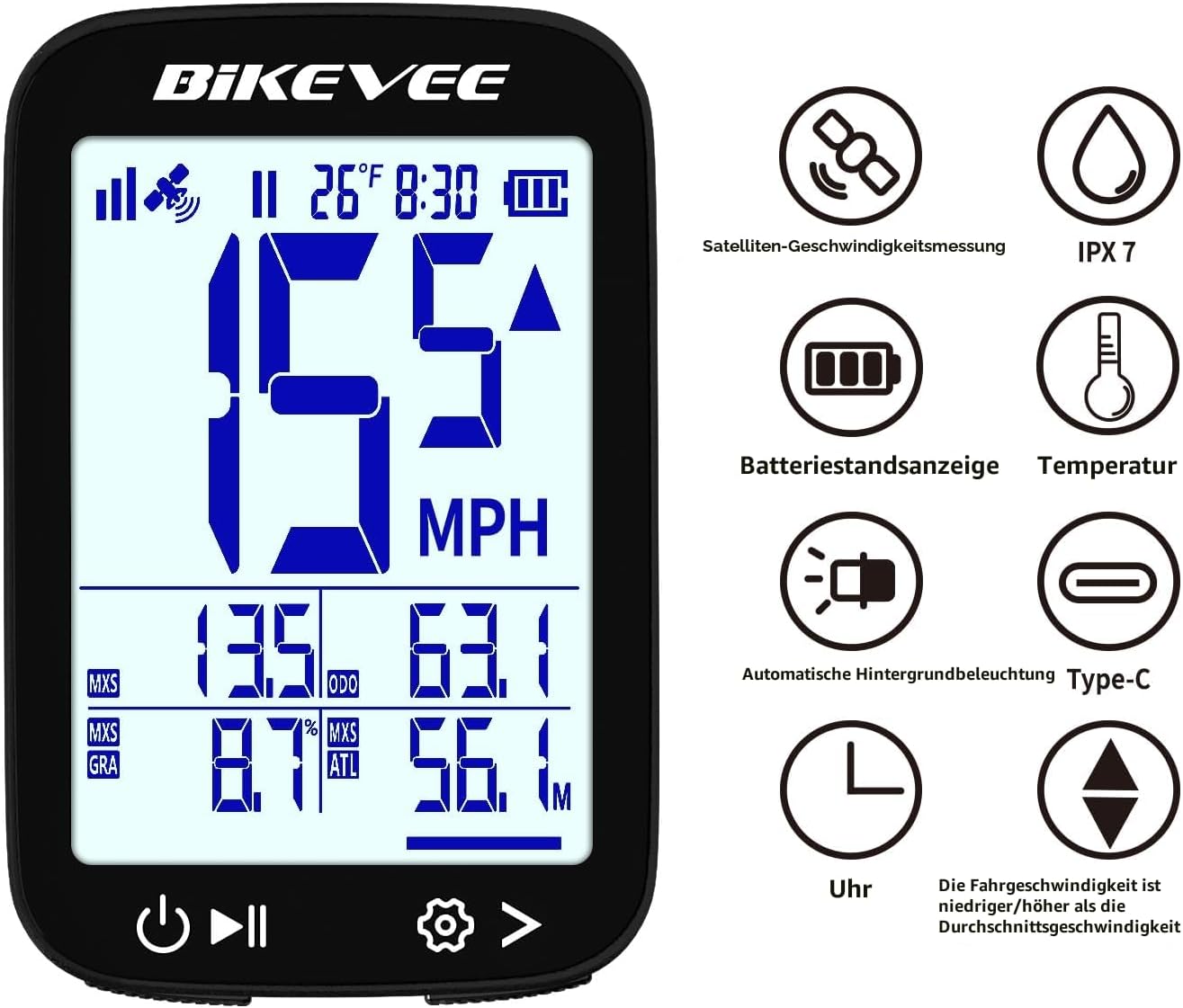 Detalle de Bikevee GPS Fahrradcomputer Kabellos – 2,4 Zoll FSTN Display, IPX7, 28h Akkulaufzeit
