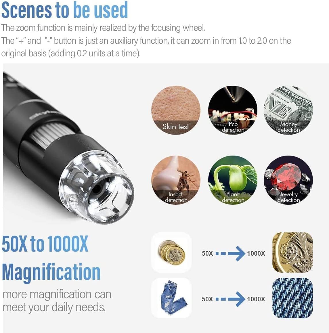 Detalle de SKYBASIC Microscope numérique Wi‑Fi portable 1000X avec loupe et 8 LED pour smartphones (Android/iOS) et PC