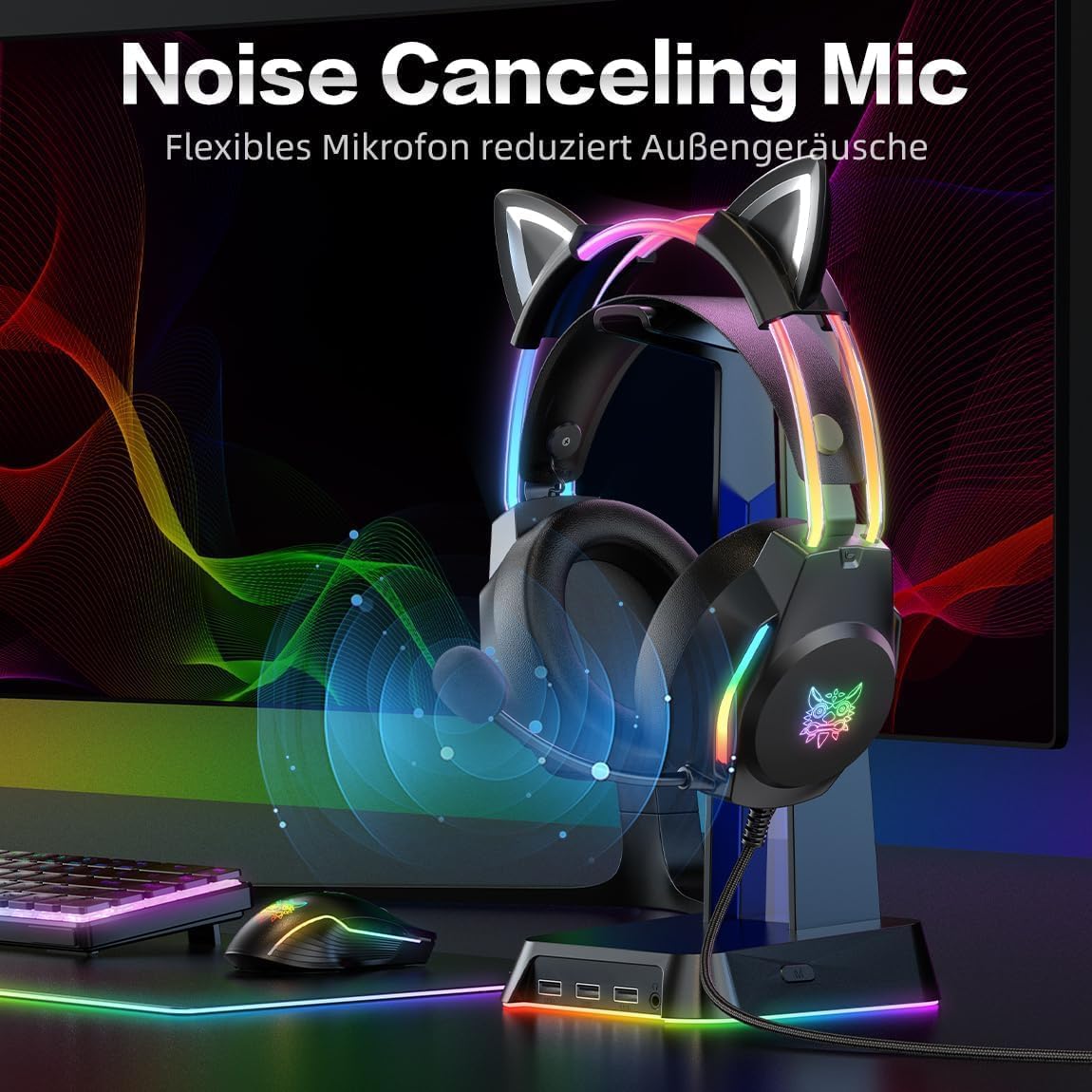 Thumbnail 3 de ONITOON Gaming-Headset mit Katzenohren & Mikrofon – RGB-Regenbogen, 7.1 Virtual Surround und 3,5-mm-Kabel