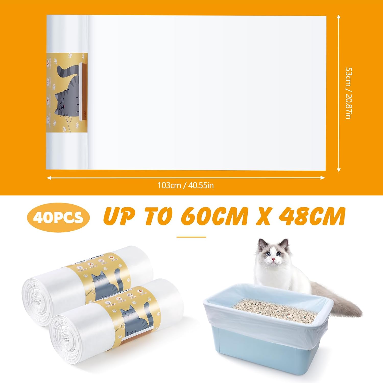 Detalle 2 de 40 XL Extra Cat Litter Tray Liners Roll (103cm x 53cm) – Heavy Duty Leak Proof Litter Bags