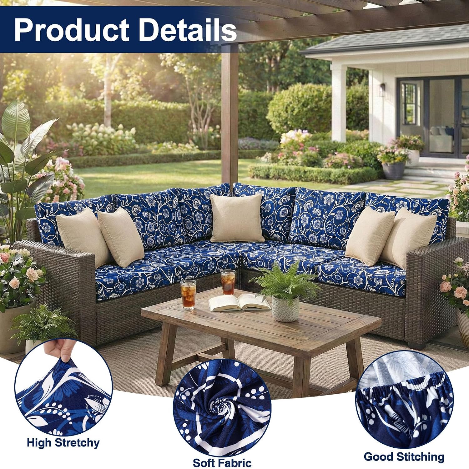 Detalle de Smiry HWZDT004 Stretch Patio Cushion Covers, Navy Floral, Waterproof, 4-Piece