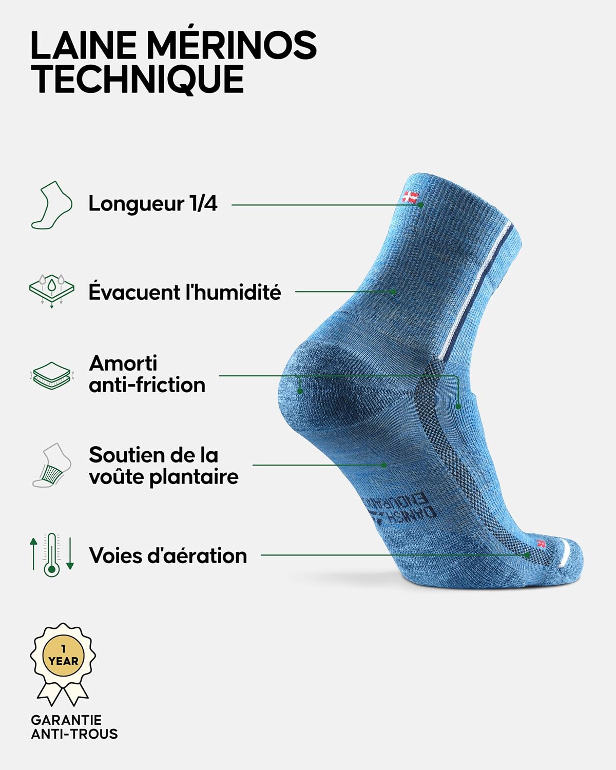 Detalle 2 de DANISH ENDURANCE Chaussettes de Trail en Laine Mérinos – Rembourrées, anti-ampoules, lot de 2
