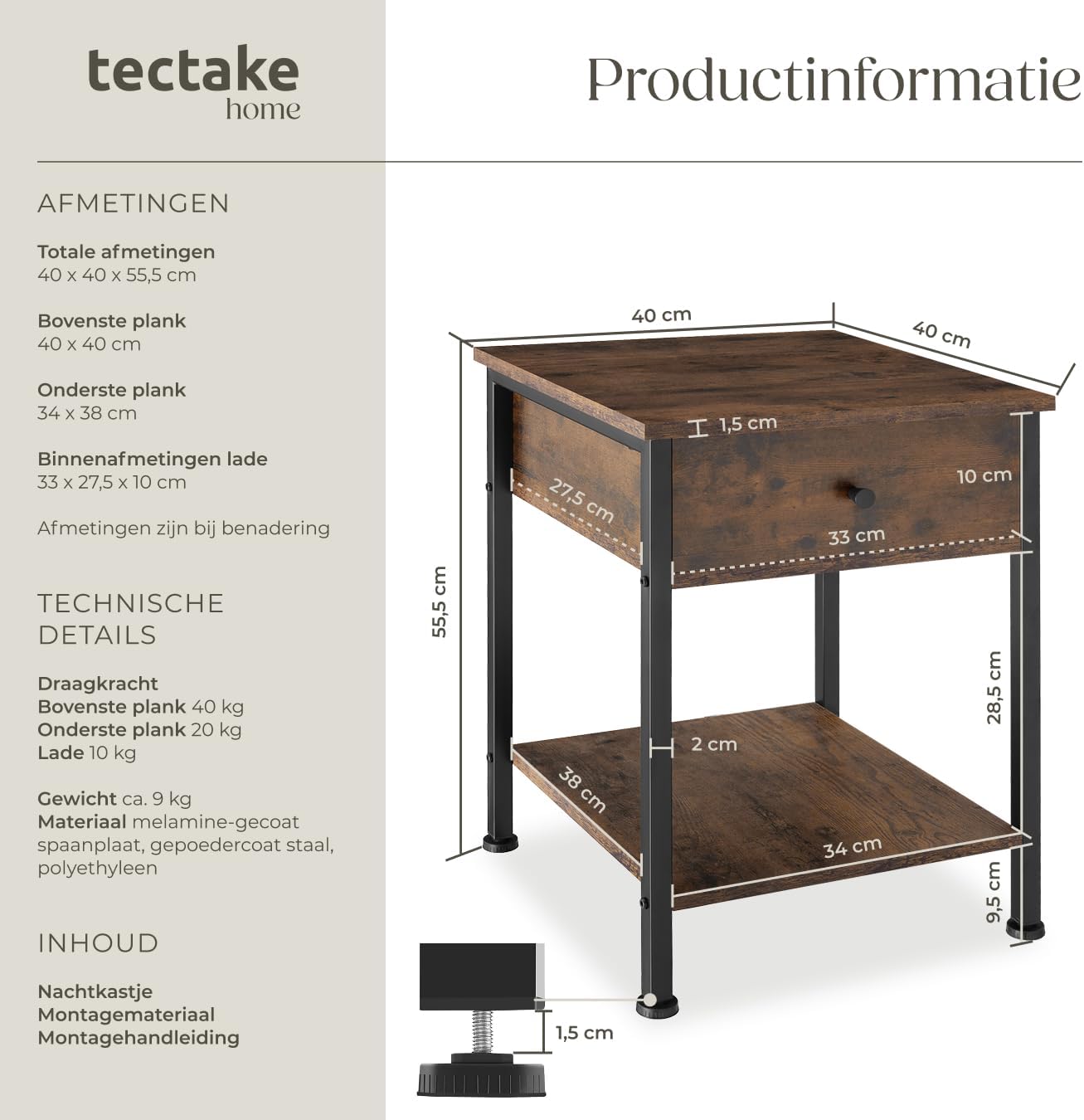 Thumbnail 1 de tectake Bradford nachtkastje met lade, twee planken en zwart metalen frame