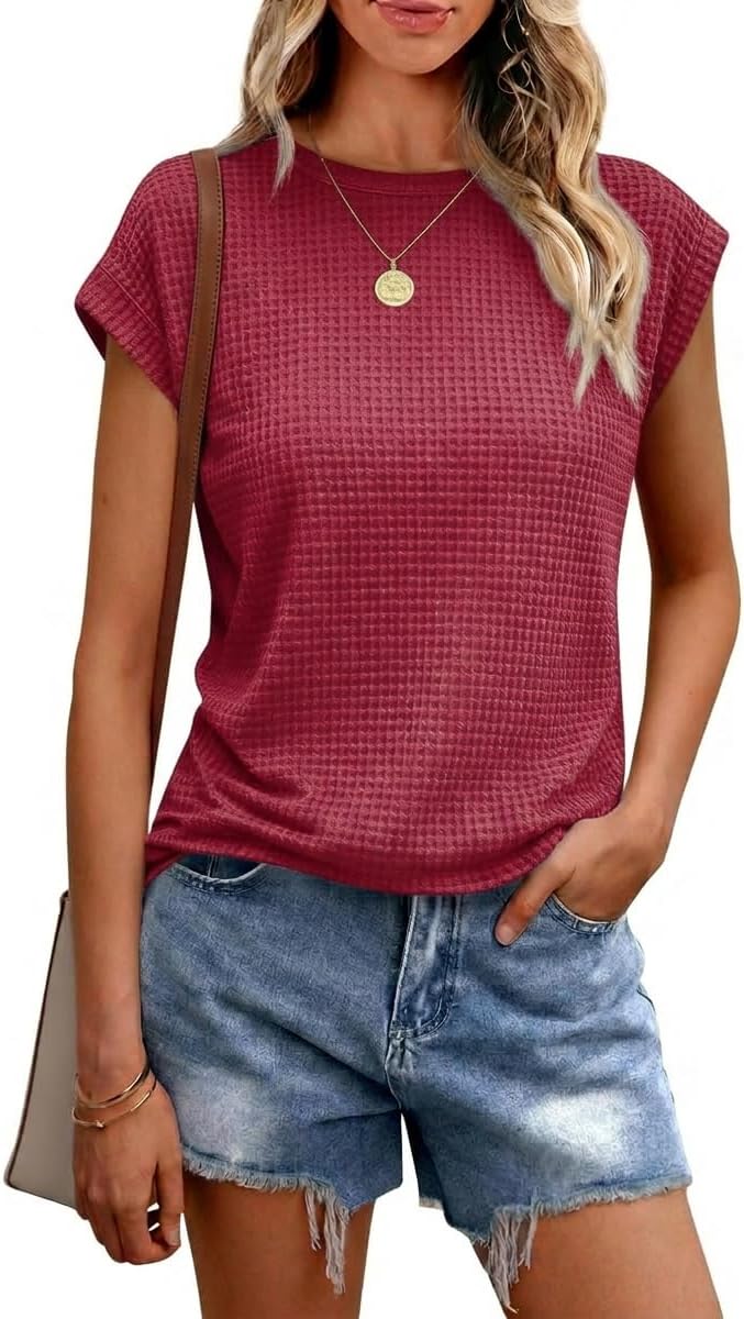 Detalle de Chicrise Damen T Shirt Sommer Rundhals mit Waffelstrick – Bluse Kurzarm, Basic Business Outfit