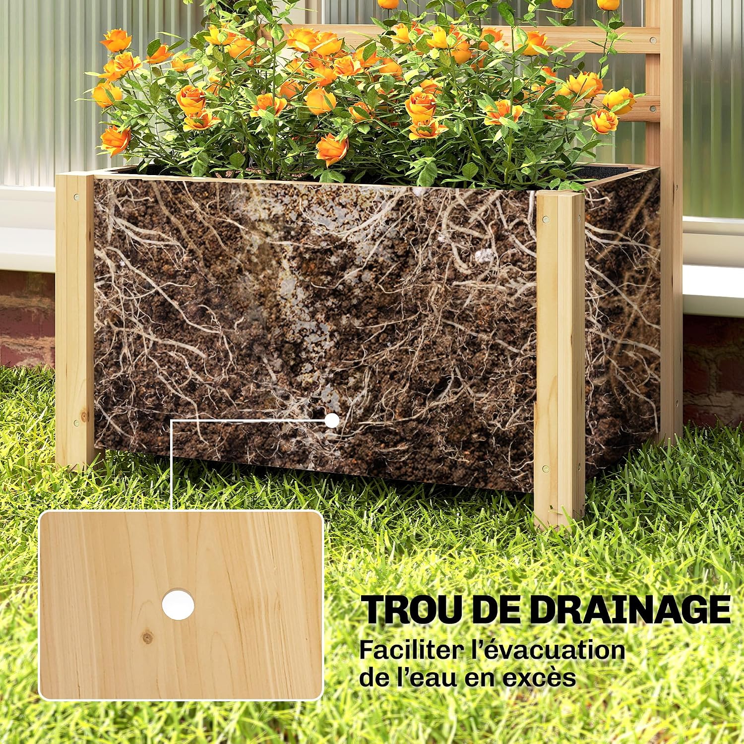 Detalle de Outsunny 84H-510V00ND bloembak met klimrek, drainage en vurenhout