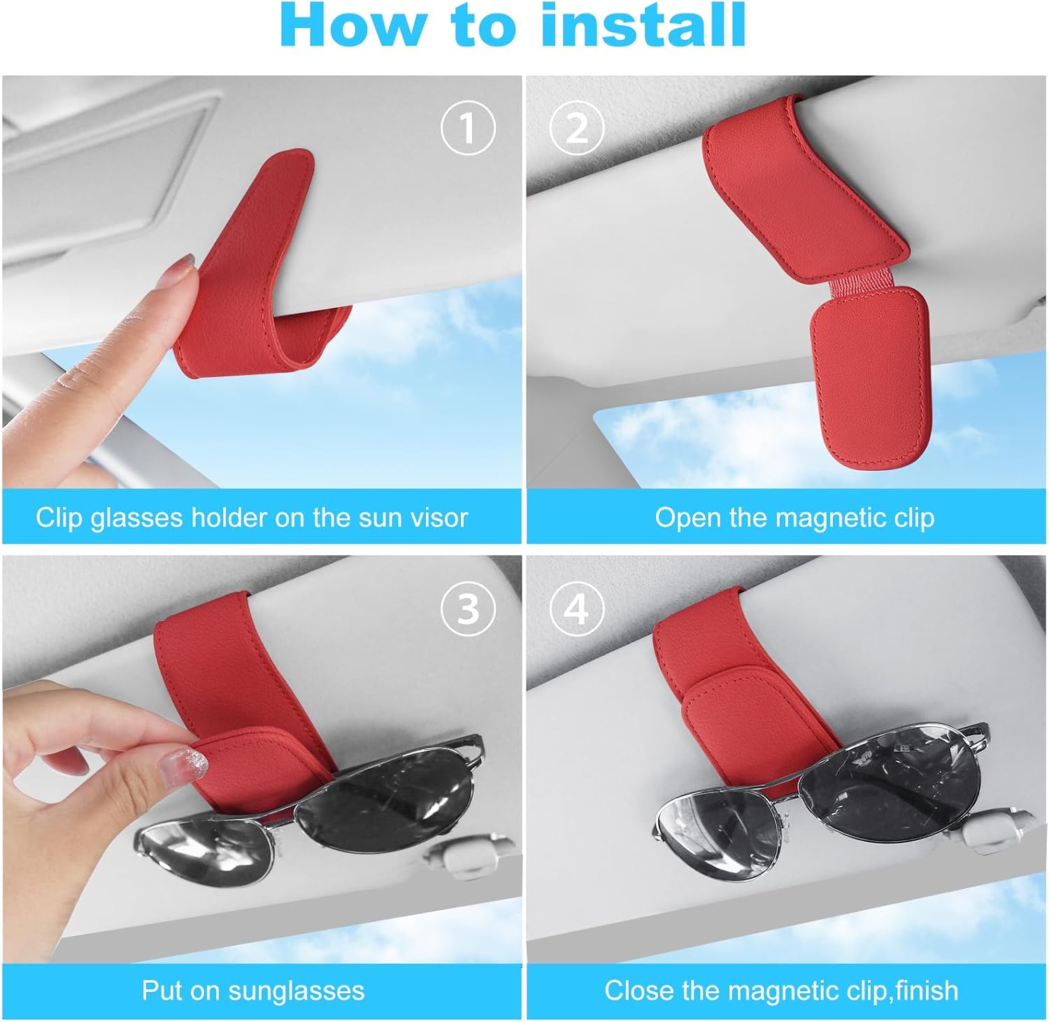 Thumbnail 5 de TCJJ Red Leather Car Visor Sunglasses Holder with Magnetic Clip