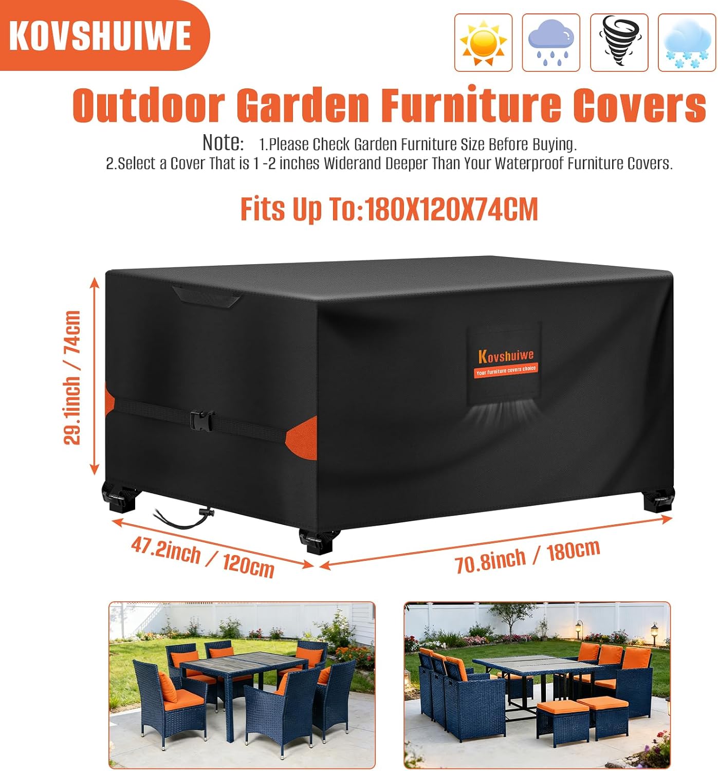 Detalle 2 de Kovshuiwe 180x120x74cm Waterproof Patio Table & Rectangular Furniture Cover (420D Oxford, Black)