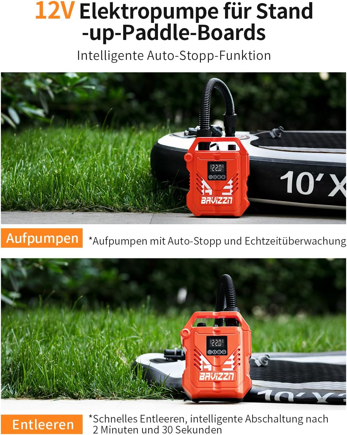 Detalle de BAVIZZN 22PSI Sup Pumpe 12V DC – Zweistufige Pumpe mit Auto-Stopp für SUP, Boot & Kajak