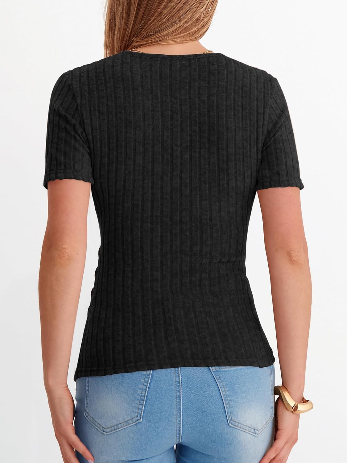 Thumbnail 5 de ANRABESS Women’s Short Sleeve V-Neck Ribbed Knit Slim-Fit Top with Side Buttons