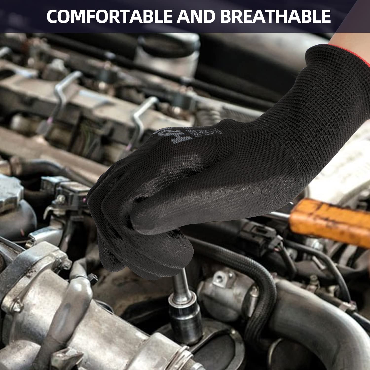 Thumbnail 3 de HPHST PU-beschichtete Arbeitshandschuhe – 12 Paar Montage-/Gartenhandschuhe, rutschfest, schwarz (Large)