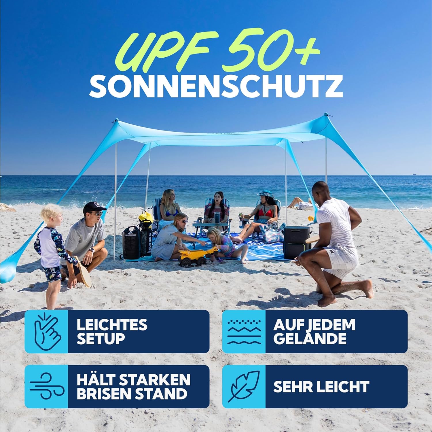 Thumbnail 1 de SUN NINJA Strandzelt – Sonnensegel LSF 50+ mit Sandschaufel, Heringen und Stabilitätsstangen für 4–8 Personen