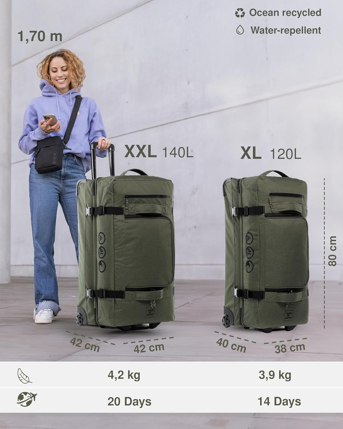 Detalle de Large Travel Bag with 2 Wheels Kane Trolley Suitcase 80 cm – 120L, 5-Compartment Tote